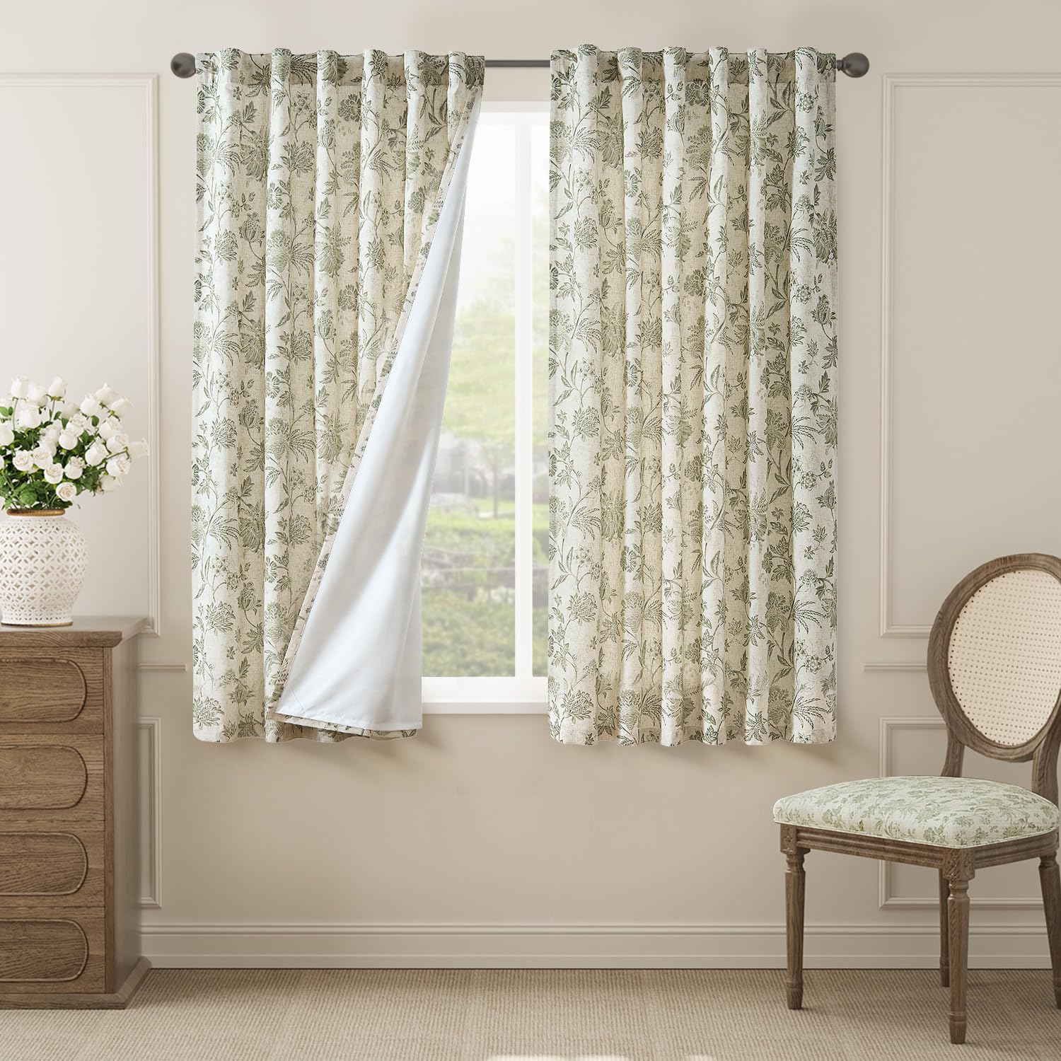 jinchan Linen Floral Curtains for Living Room with Printed Flower 84 Inches Long Light Filtering French Country Back Tab Rod Pocket Taupe Window Curtain Set Farmhouse Drapes 2 Panels Taupe