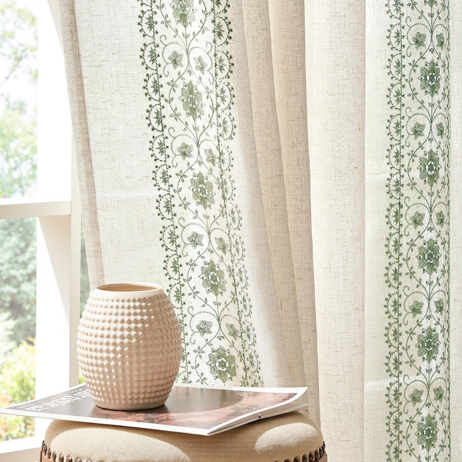 jinchan Weslie Boho Curtains for Bedroom Ivory Vintage Floral Farmhouse Curtains 84 Inches Long Linen Drapes for Living Room Embroidered Light Filtering Drapes Rod Pocket Ivory on Beige 2 Panels