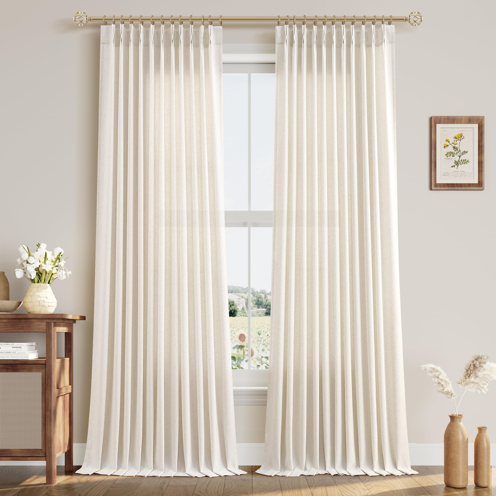 Extra Long Linen Curtains 108 Inch for Living Room Cream Pinch Pleated 9 FT Drapes Semi Sheer Ceiling to Floor Curtain for Bedroom Back Tab Flax Neutral Boho Decor Window, Natural Beige Ivory 2 Panels