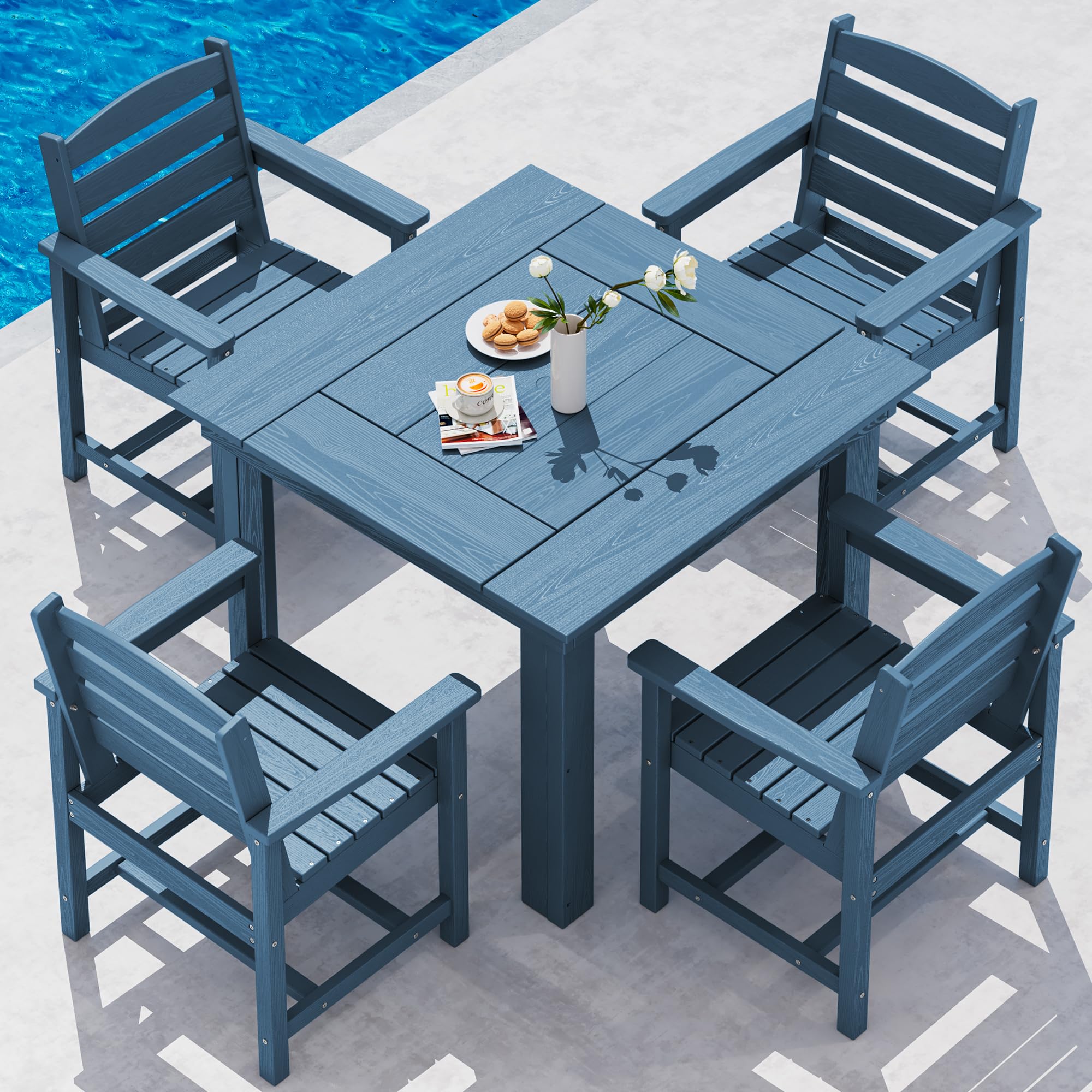 SERWALL Outdoor Dining Set for 4, HDPE Square Table and Chairs Set All Weather Patio Dining Set with 4 Classic Dining Chairs, 5-Piece Patio Dining Furniture for Deck, Brown