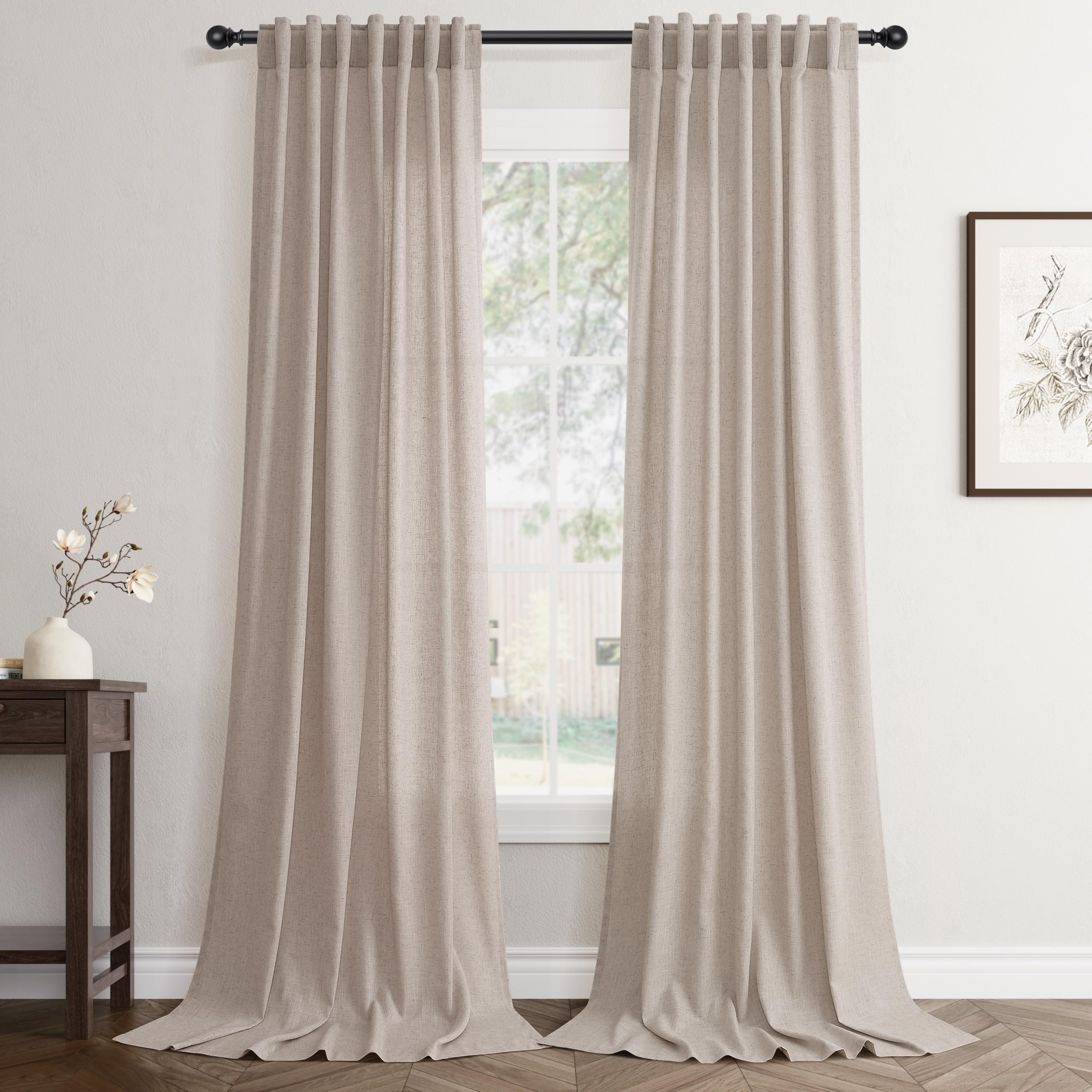 Flax Linen Beige Curtains 96 inches Long 2 Panel for Living Room Back Tab Pocket Drapes Semi Sheer Privacy Khaki Window Curtain Country Rustic Farmhouse Cloth Curtain for Dinning Room Tan