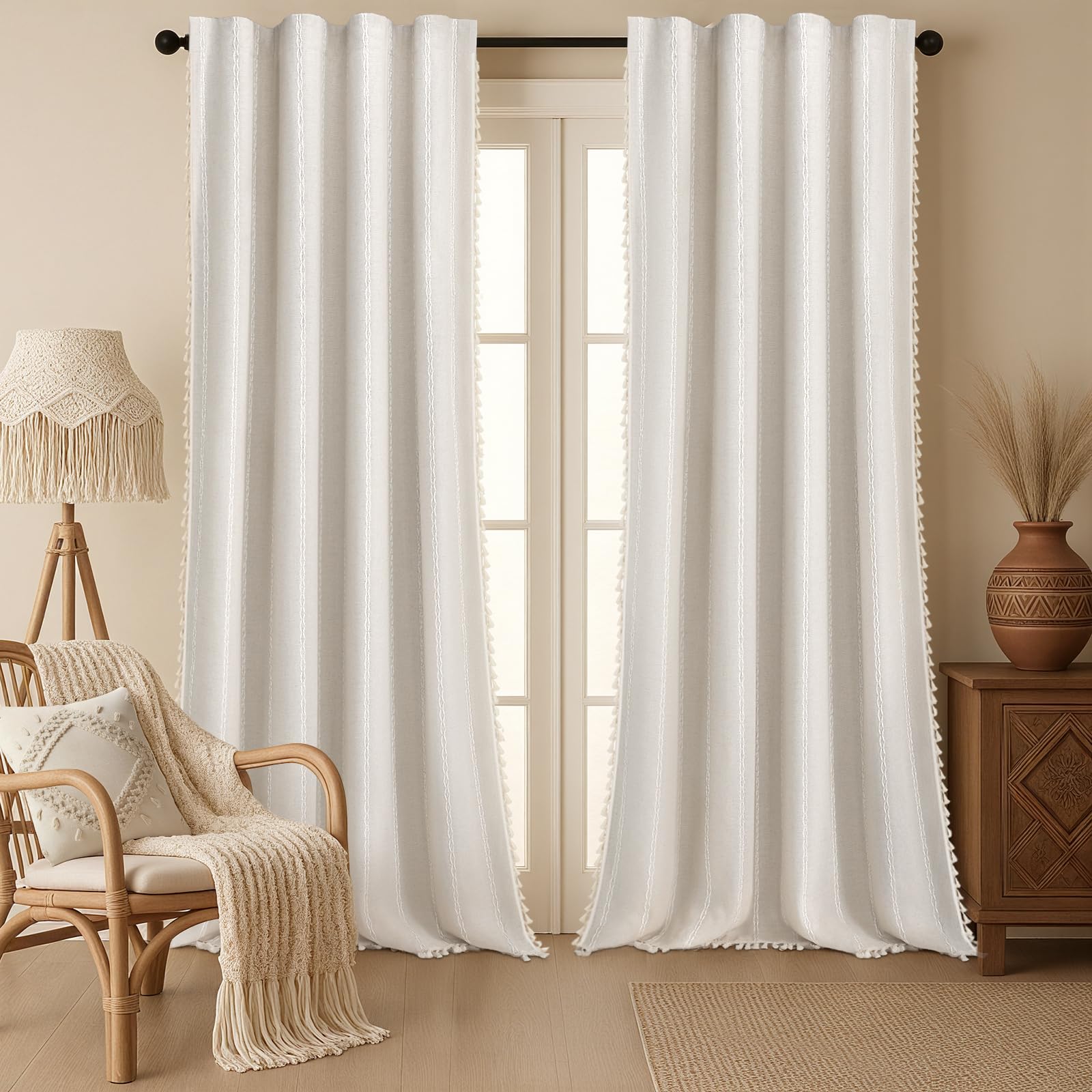 Boho Blackout Curtains 2 Panels 84 Inch for Living Room Bedroom, Beige Linen Texture Farmhouse Curtains with Tassels and Cotton Embroidery Vintage Rustic Western Rod Pocket