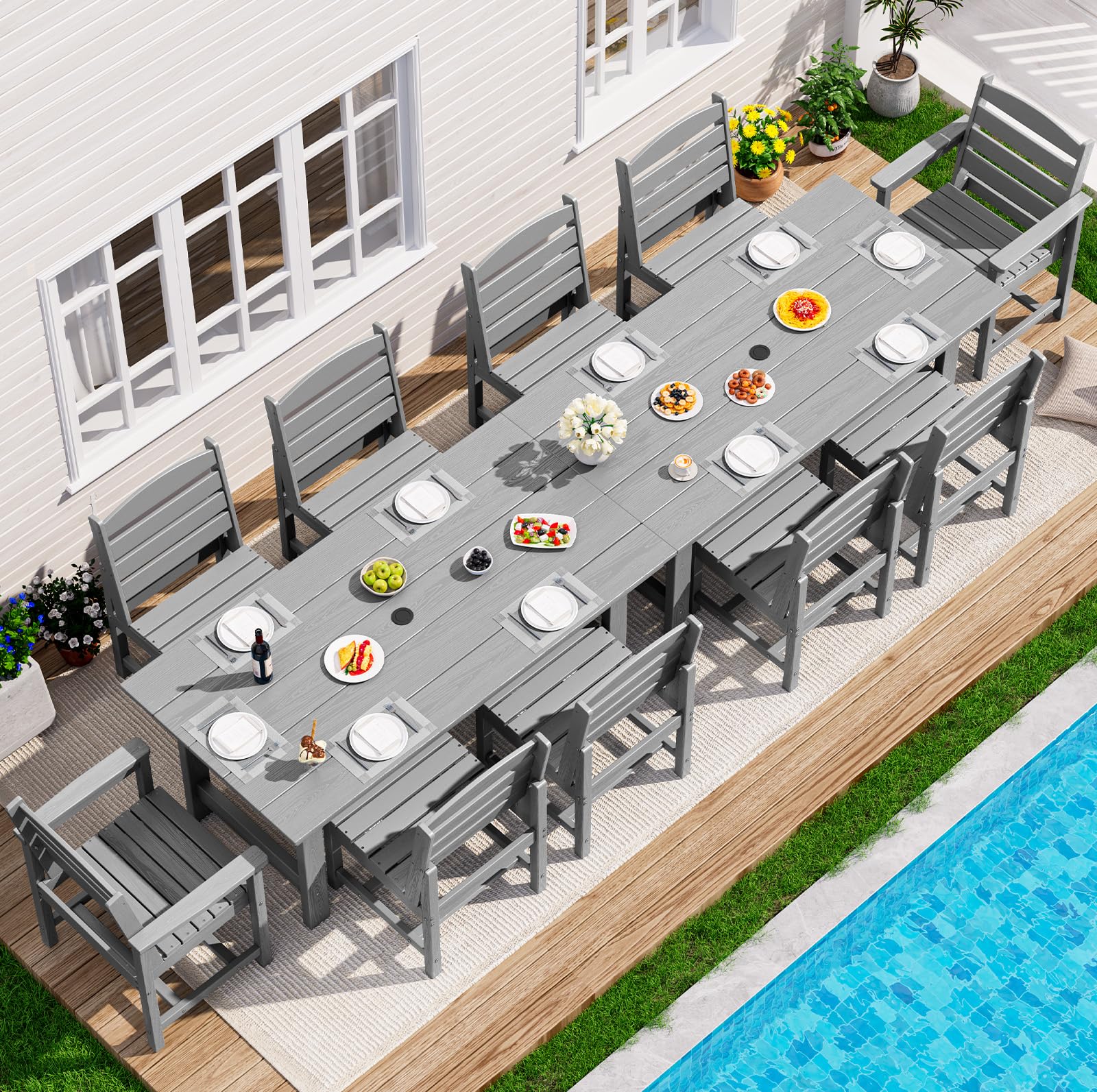 SERWALL Patio Dining Sets for 6 Person, HDPE Dining Set with 6 Armless Chairs, Black