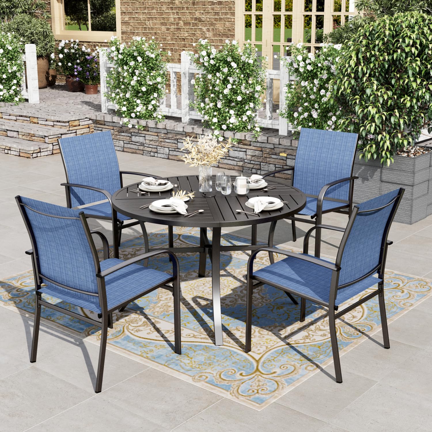 HERA'S HOUSE Patio Table and Chairs for 6, 7 Pieces Outdoor Deck Dining Sets, Wood-Like Rectangular Metal Table Set with Chairs for Lawn Garden Backyard, Brown