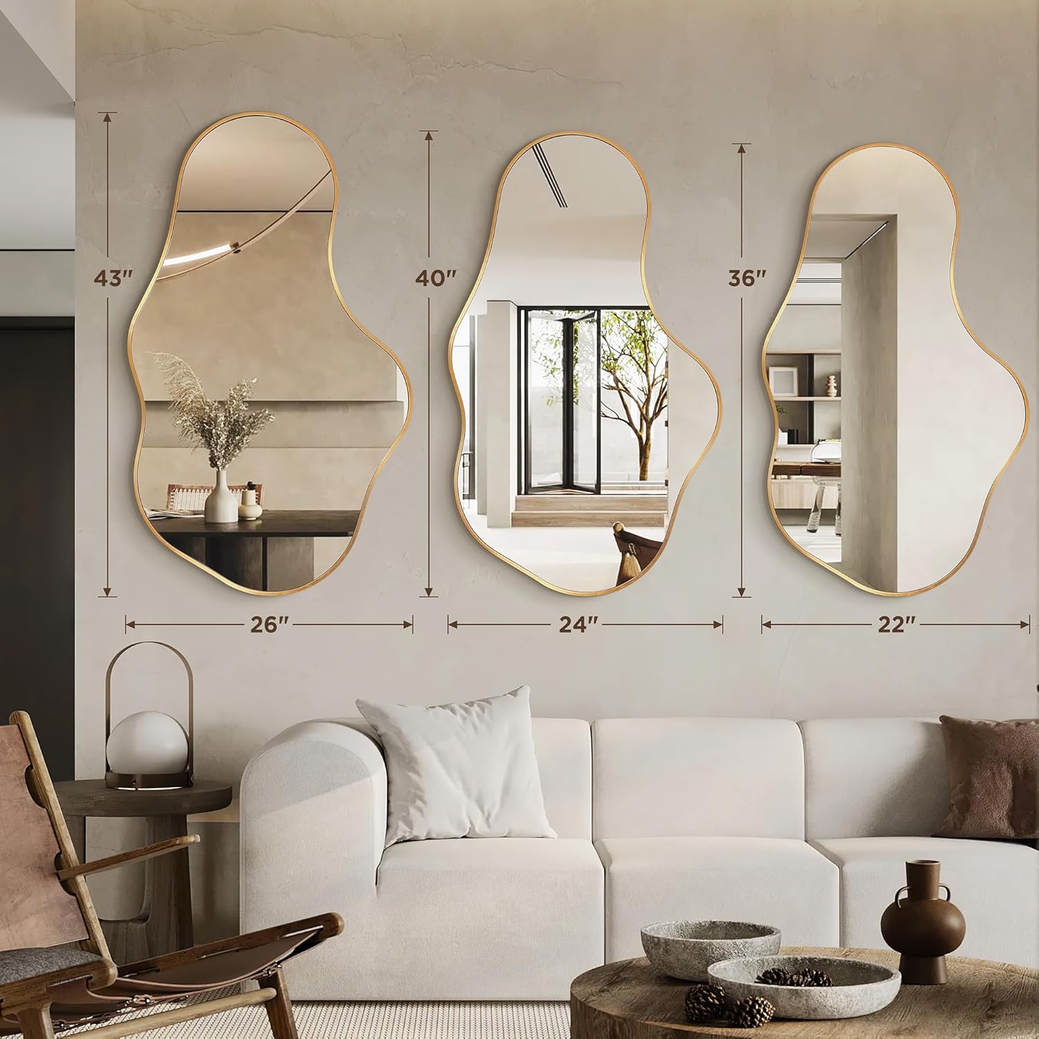 Dorlicecass 22"×36" Gold Aluminum Framed Irregular Asymmetrical Decor Wall Mirror for Bathroom Bedroom Entryway