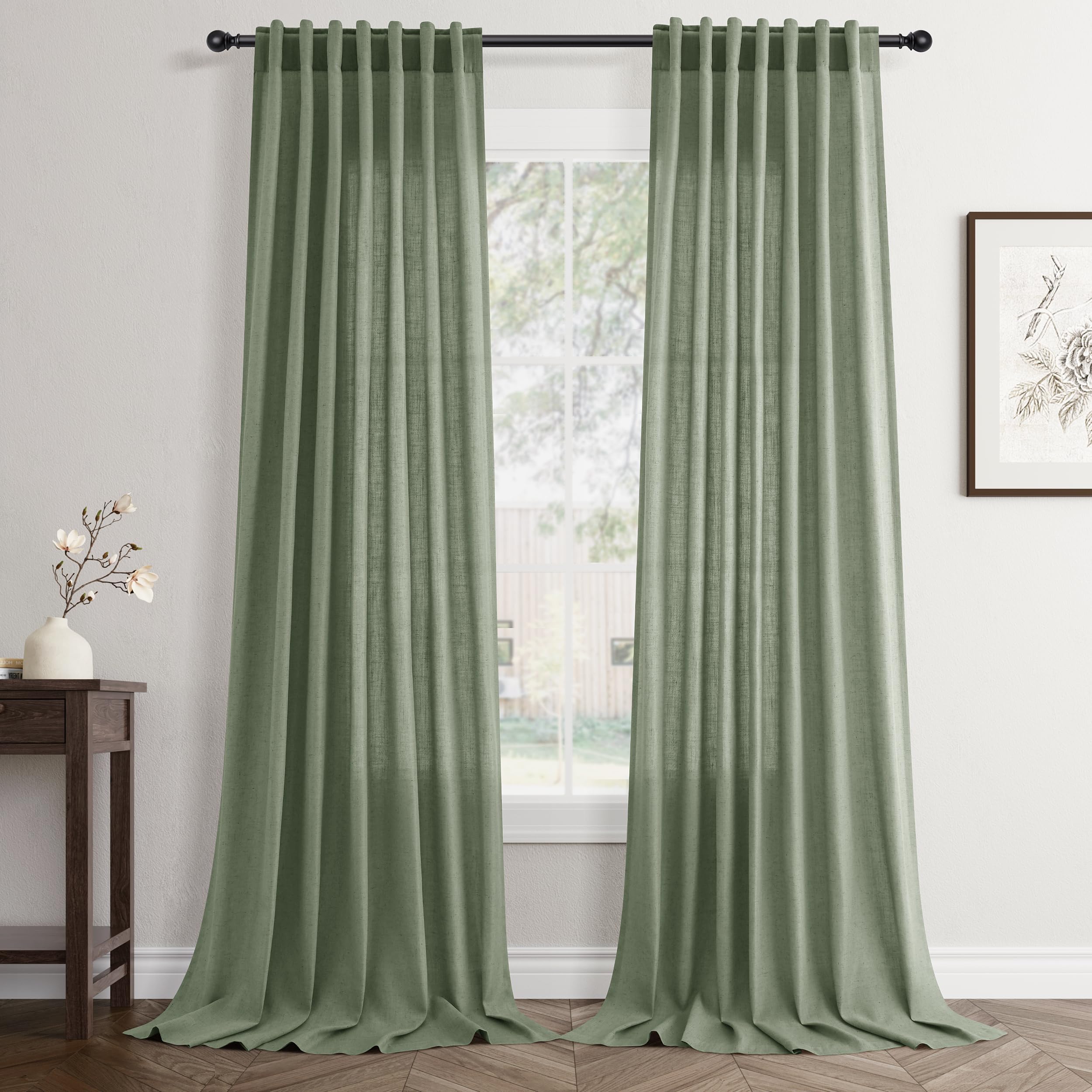 Flax Linen Beige Curtains 96 inches Long 2 Panel for Living Room Back Tab Pocket Drapes Semi Sheer Privacy Khaki Window Curtain Country Rustic Farmhouse Cloth Curtain for Dinning Room Tan