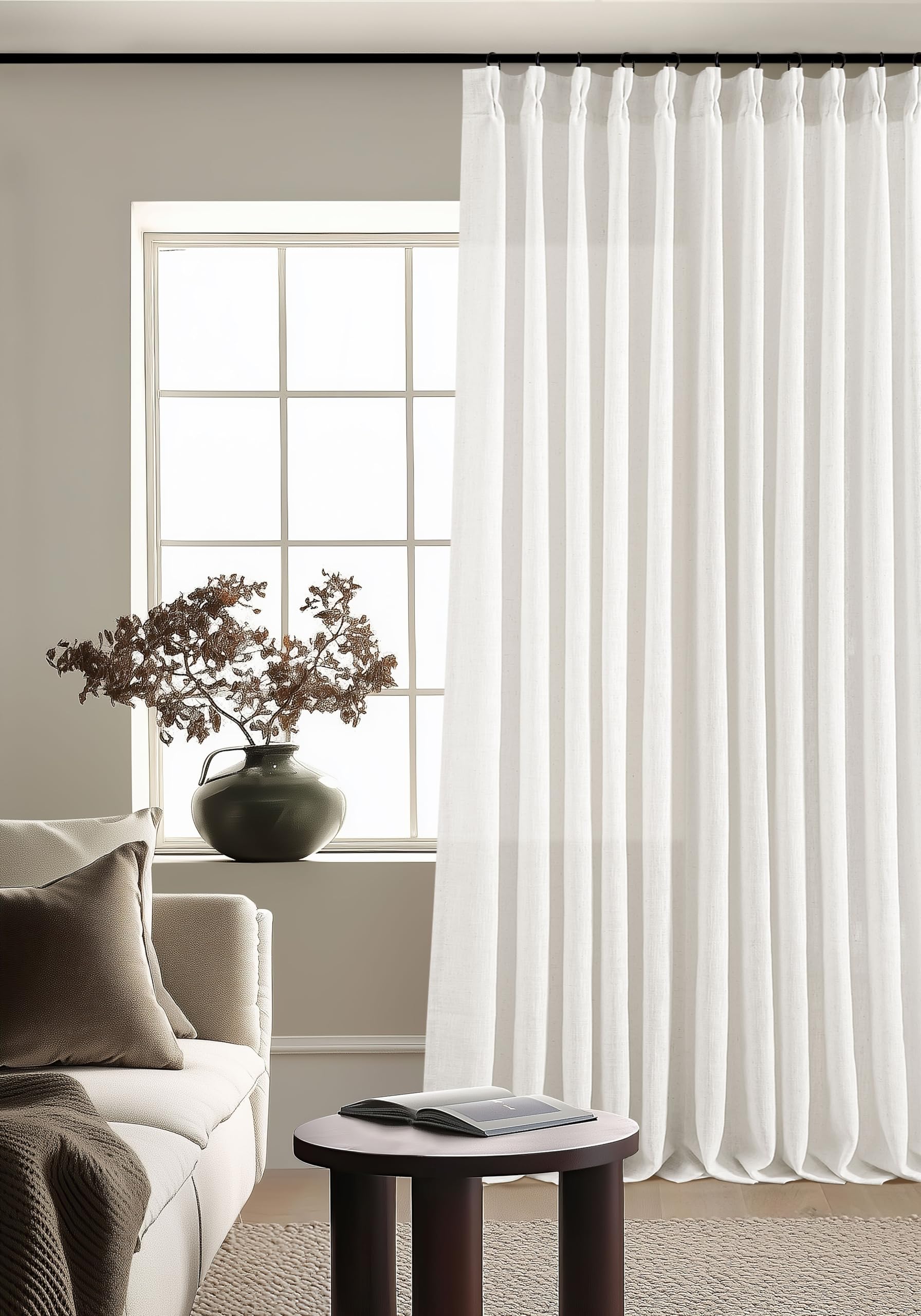 Pinch Pleated Linen Curtains 108 Inches Long for Living Room 2 Panels Set Cream Ivory Flax Double Pleated Drapes Back Tab Neutral Boho Ceiling Floor 108 Inch Window Curtains Bedroom Natural Birch