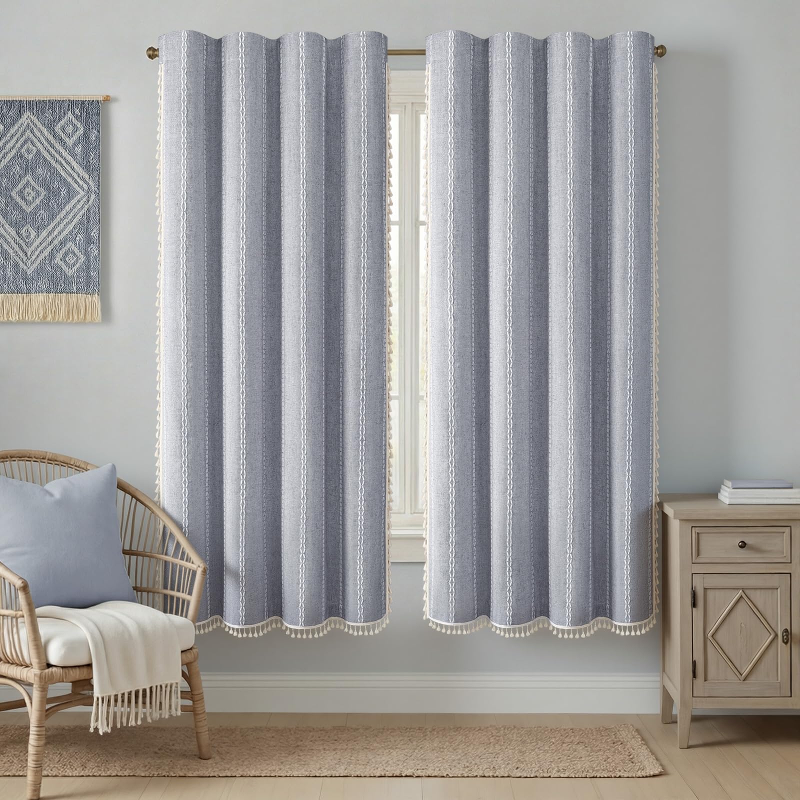 Boho Blackout Curtains 2 Panels 84 Inch for Living Room Bedroom, Beige Linen Texture Farmhouse Curtains with Tassels and Cotton Embroidery Vintage Rustic Western Rod Pocket