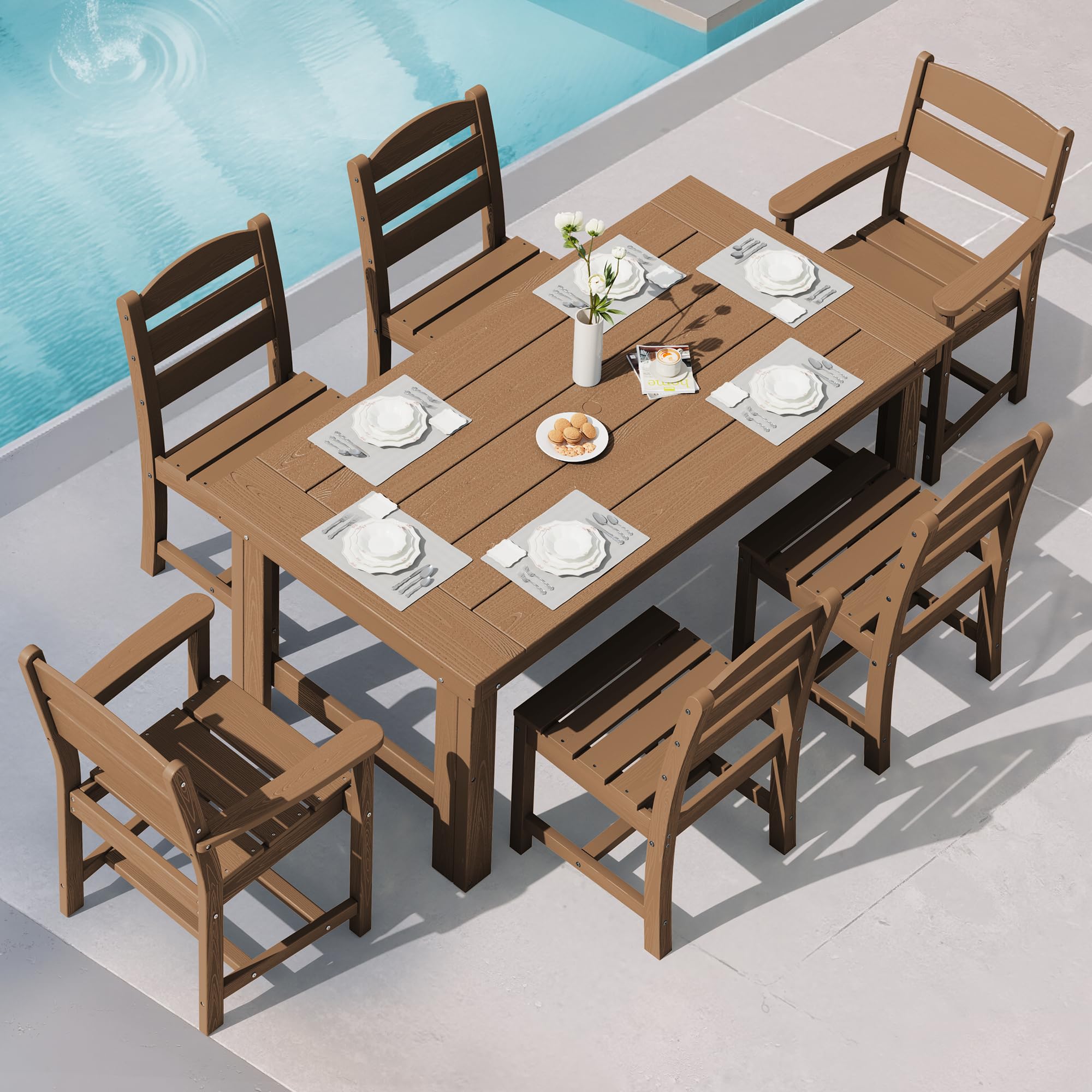 SERWALL Outdoor Dining Set for 4, HDPE Square Table and Chairs Set All Weather Patio Dining Set with 4 Classic Dining Chairs, 5-Piece Patio Dining Furniture for Deck, Brown