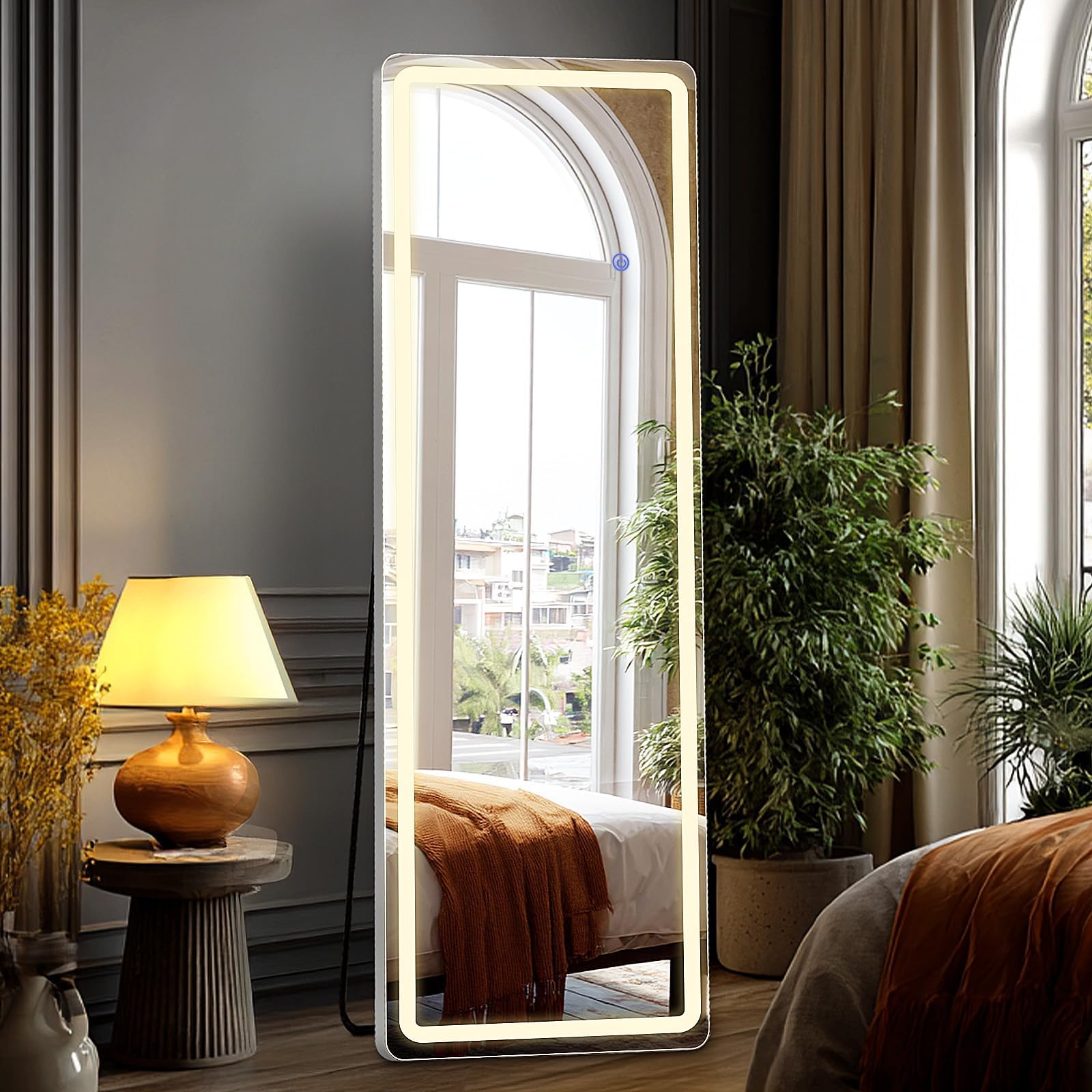 DUMOS Arched LED Mirror Full Length with Stand, 16"x60" Full Body Wall Mirror with LED Lights 3 Color Lighting, Hanging or Leaning, Floor Standing, Modern Simple Home Wall Decor