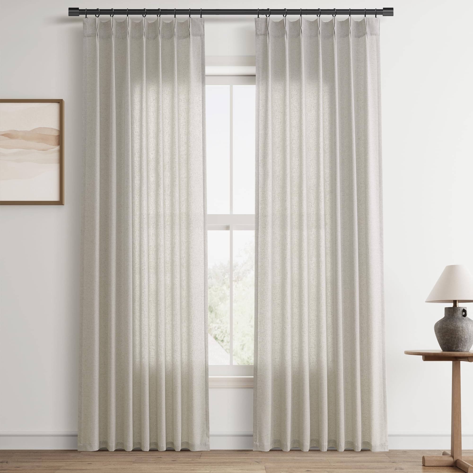 Extra Long Linen Curtains 108 Inch for Living Room Cream Pinch Pleated 9 FT Drapes Semi Sheer Ceiling to Floor Curtain for Bedroom Back Tab Flax Neutral Boho Decor Window, Natural Beige Ivory 2 Panels