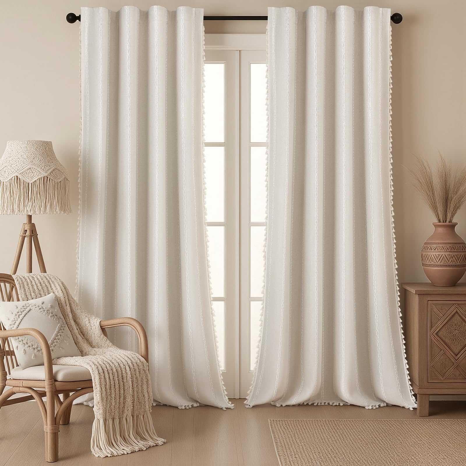 Boho Blackout Curtains 2 Panels 84 Inch for Living Room Bedroom, Beige Linen Texture Farmhouse Curtains with Tassels and Cotton Embroidery Vintage Rustic Western Rod Pocket