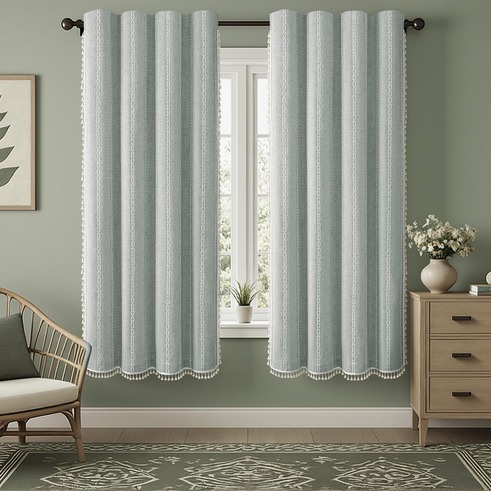 Boho Blackout Curtains 2 Panels 84 Inch for Living Room Bedroom, Beige Linen Texture Farmhouse Curtains with Tassels and Cotton Embroidery Vintage Rustic Western Rod Pocket