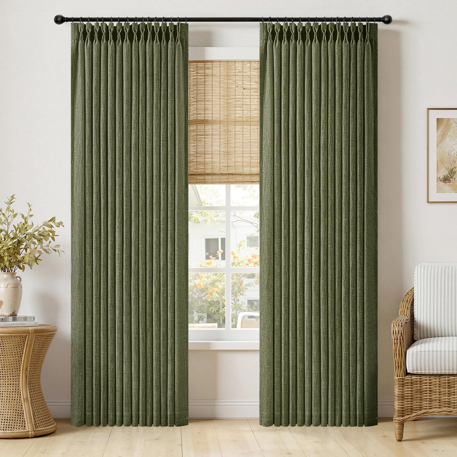MIULEE Pinch Pleated Thick Linen Curtains 96 Inches Long 2 Panels for Living Room Bedroom, Memory Trained Pleat Drapes Light Filtering Natural Birch Semi Sheer Window Curtains Hooks Rings Back Tab