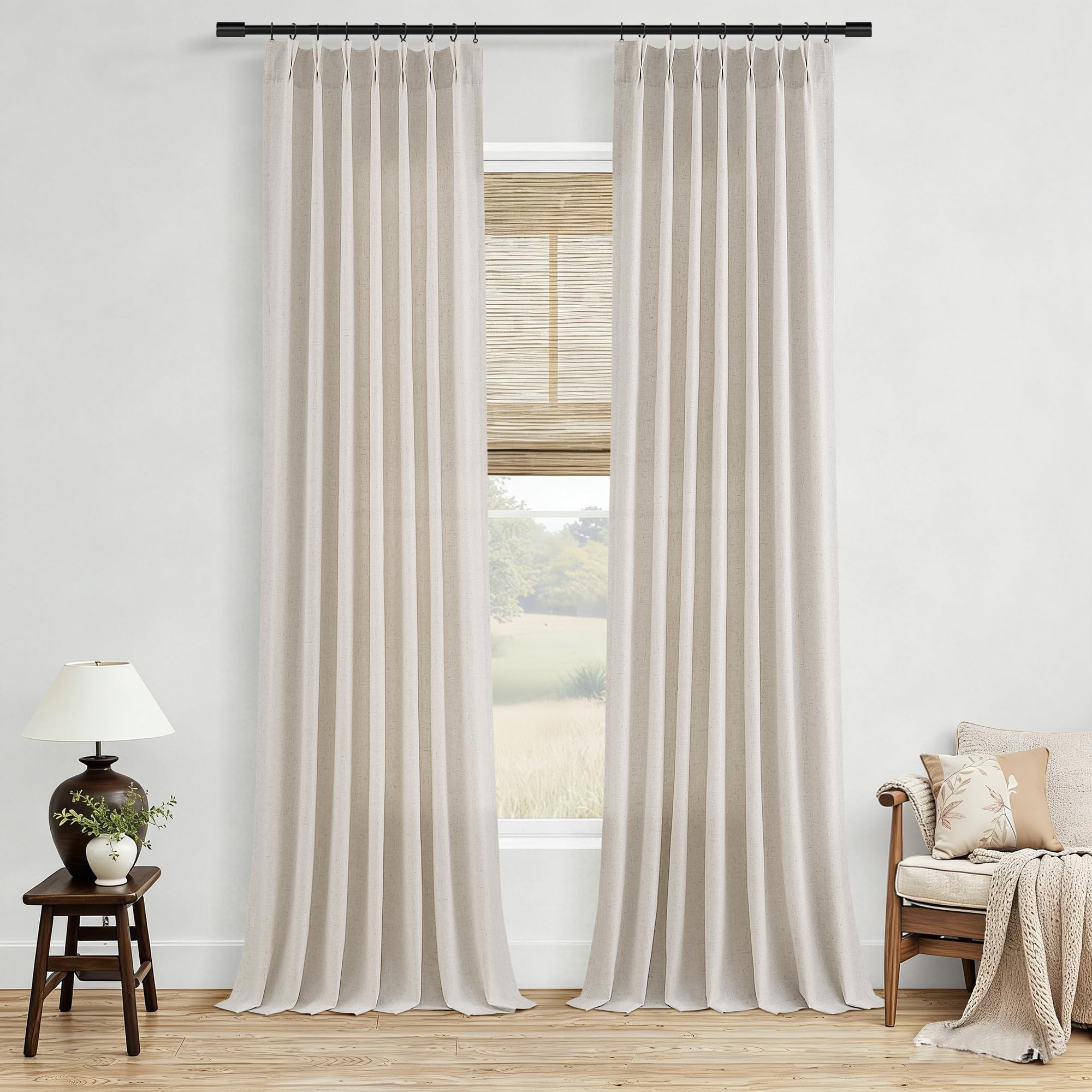 Extra Long Linen Curtains 108 Inch for Living Room Cream Pinch Pleated 9 FT Drapes Semi Sheer Ceiling to Floor Curtain for Bedroom Back Tab Flax Neutral Boho Decor Window, Natural Beige Ivory 2 Panels