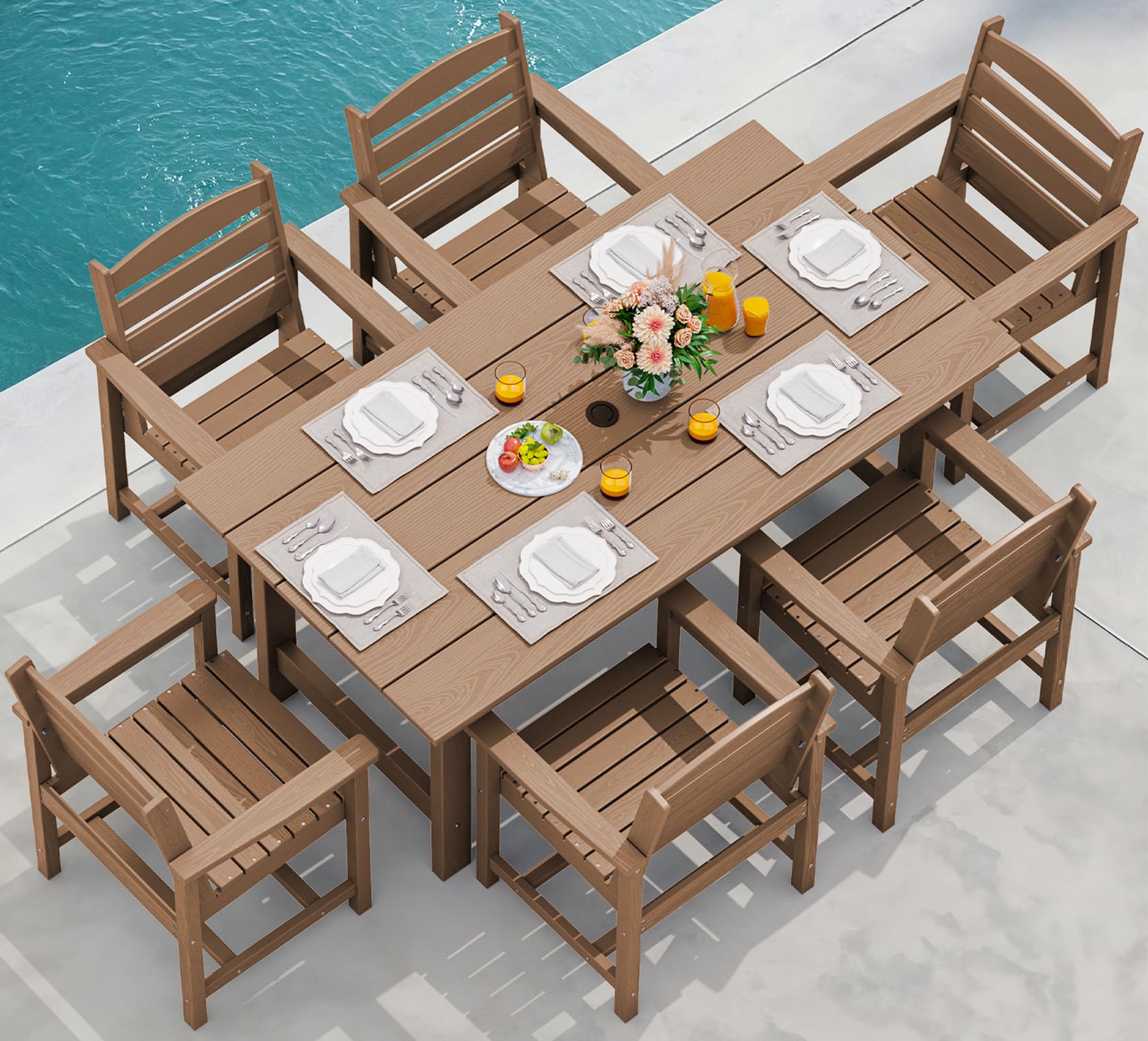 SERWALL Patio Dining Sets for 6 Person, HDPE Dining Set with 6 Armless Chairs, Black
