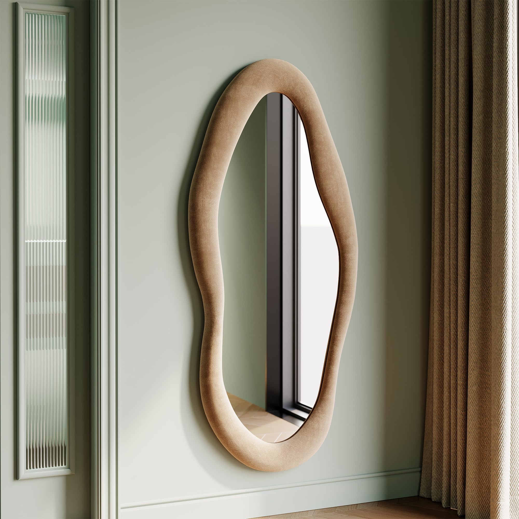 Honyee Full Length Mirror, 63" x 24" Wall Mirror, Flannel Wrapped Wooden Frame Floor Mirror, Irregular Wavy Mirror Hanging or Leaning Against Wall for Cloakroom/Bedroom/Living Room, Milk Tea