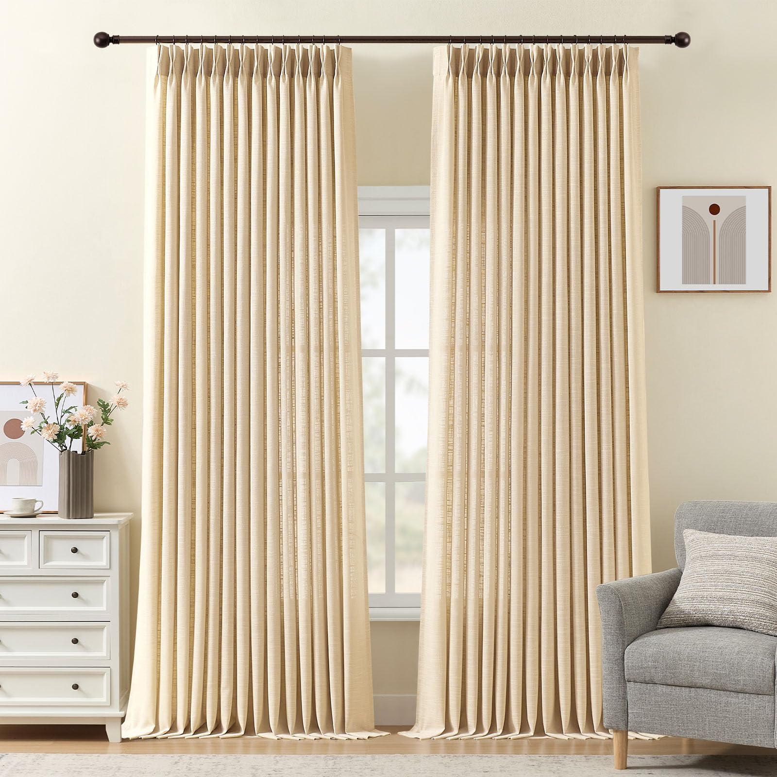 Pinch Pleated Linen Curtains 84 Inch Length 2 Panels Set, Light Filtering Linen Blend Sheer Drapes Memory Trained Pleated Curtain Back Tab with Hooks Rings for Living Room Bedroom, Natural, W40xL84