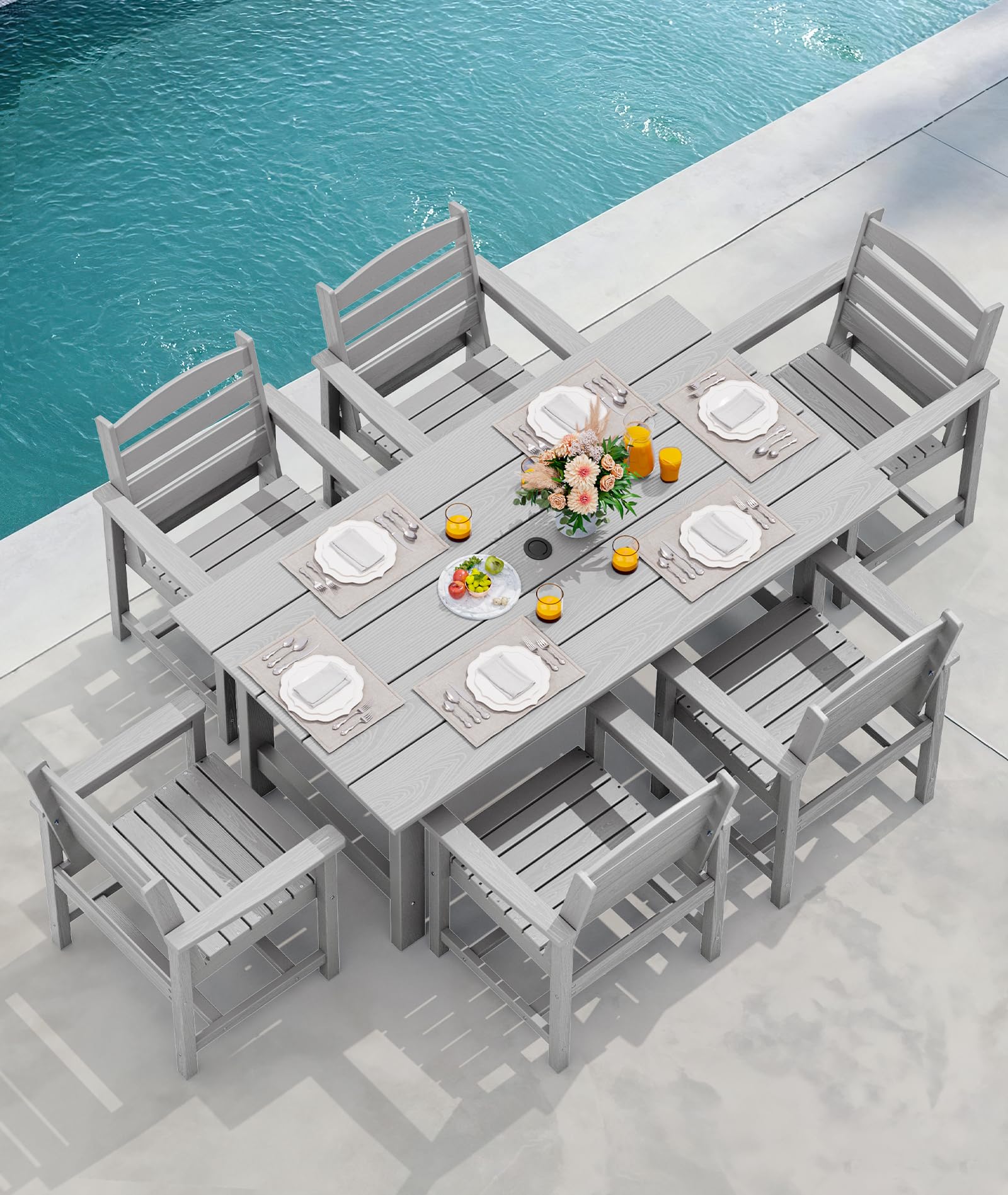 SERWALL Patio Dining Sets for 6 Person, HDPE Dining Set with 6 Armless Chairs, Black