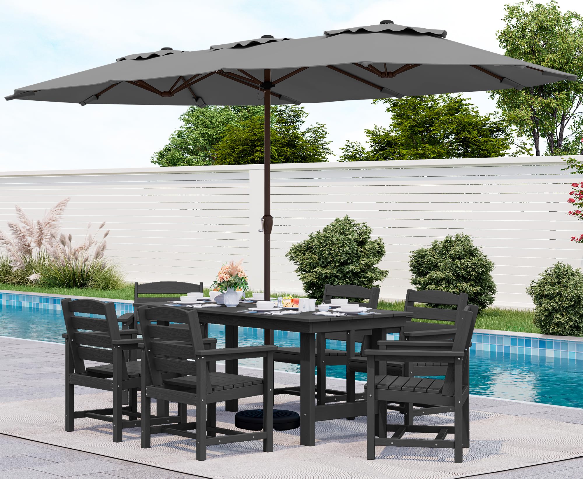 SERWALL Patio Dining Sets for 6 Person, HDPE Dining Set with 6 Armless Chairs, Black