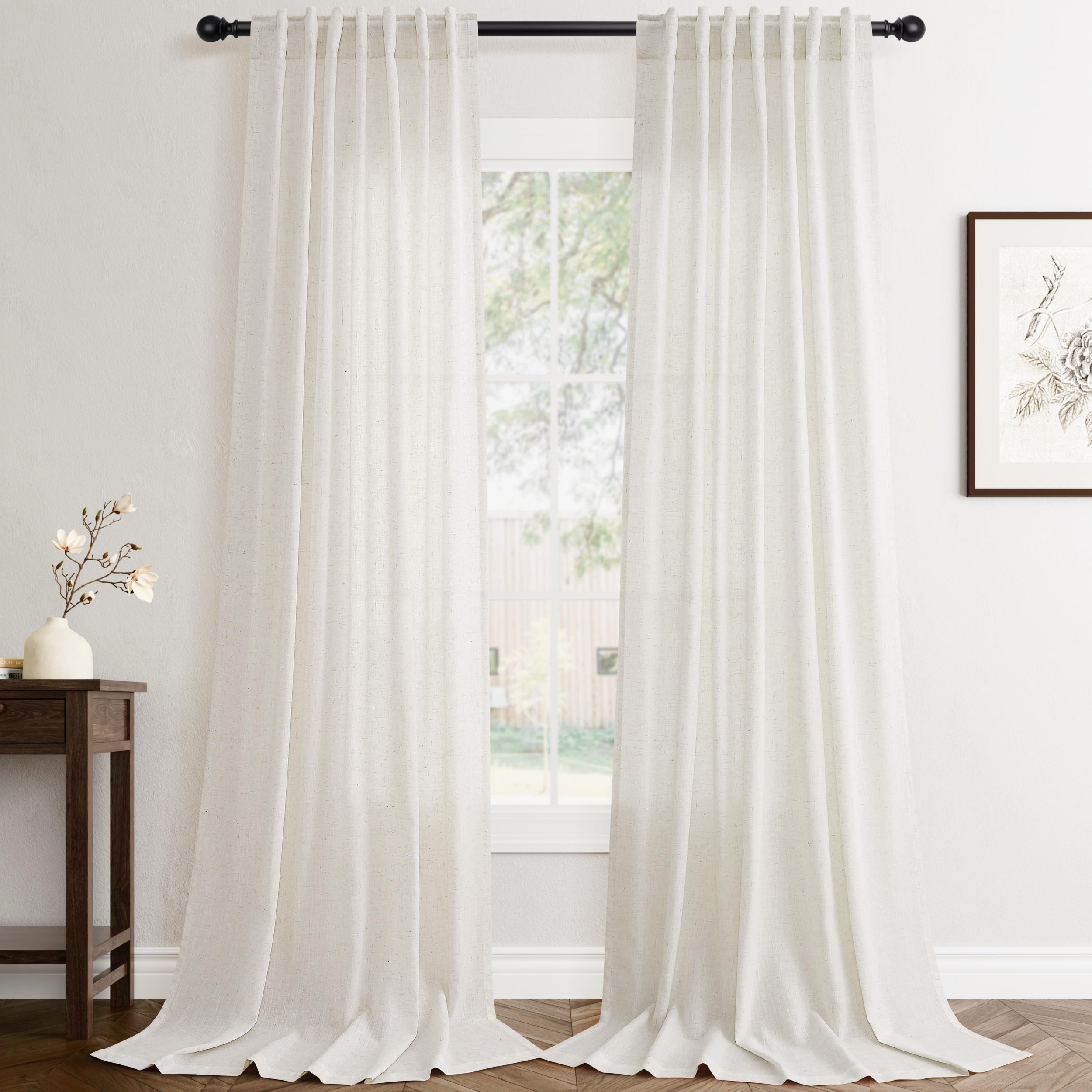 Flax Linen Beige Curtains 96 inches Long 2 Panel for Living Room Back Tab Pocket Drapes Semi Sheer Privacy Khaki Window Curtain Country Rustic Farmhouse Cloth Curtain for Dinning Room Tan