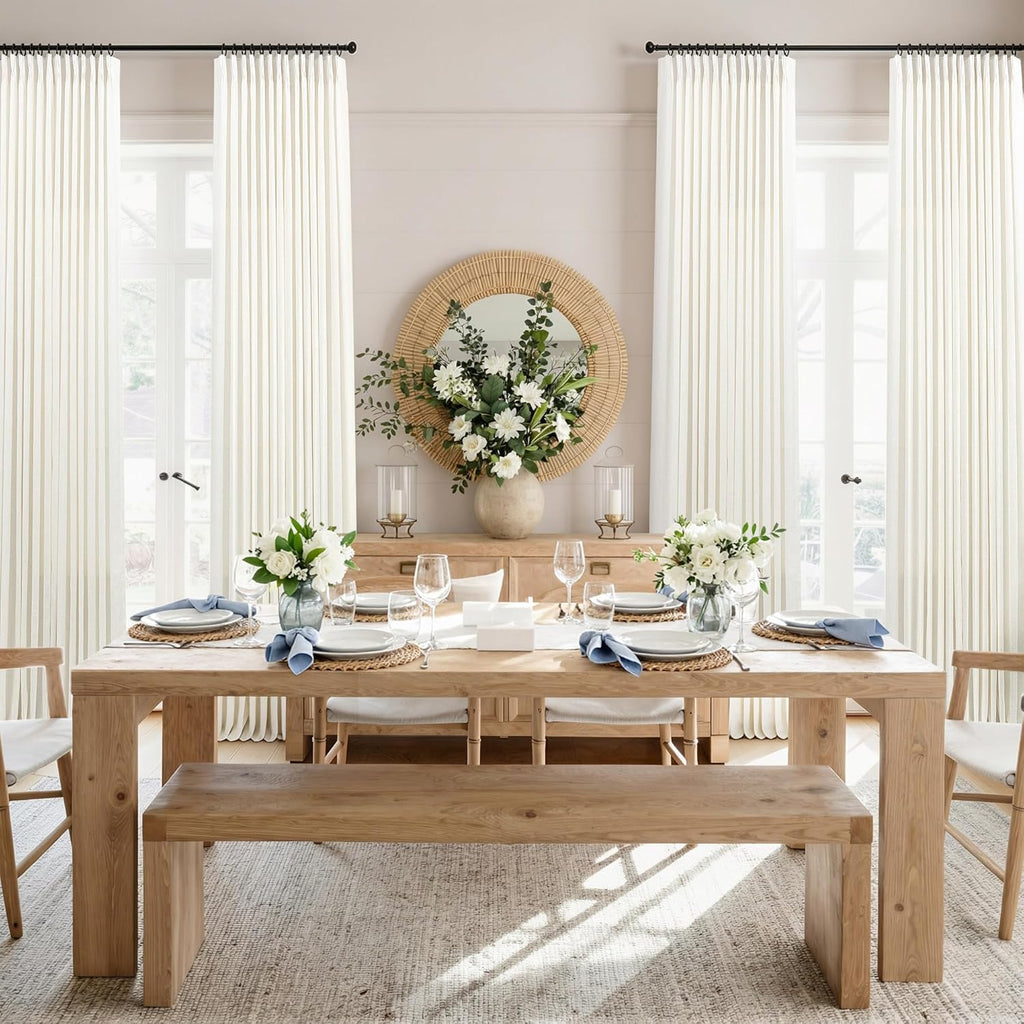 Natural Pinch Pleated Linen Cream Curtains 84 Inch Length 2 Panels for Living Room Bedroom Ivory Semi Sheer Light Filtering Modern Farmhouse Boho Neutral Rustic Long Drapes Back Tab Pleat Hooks Rings