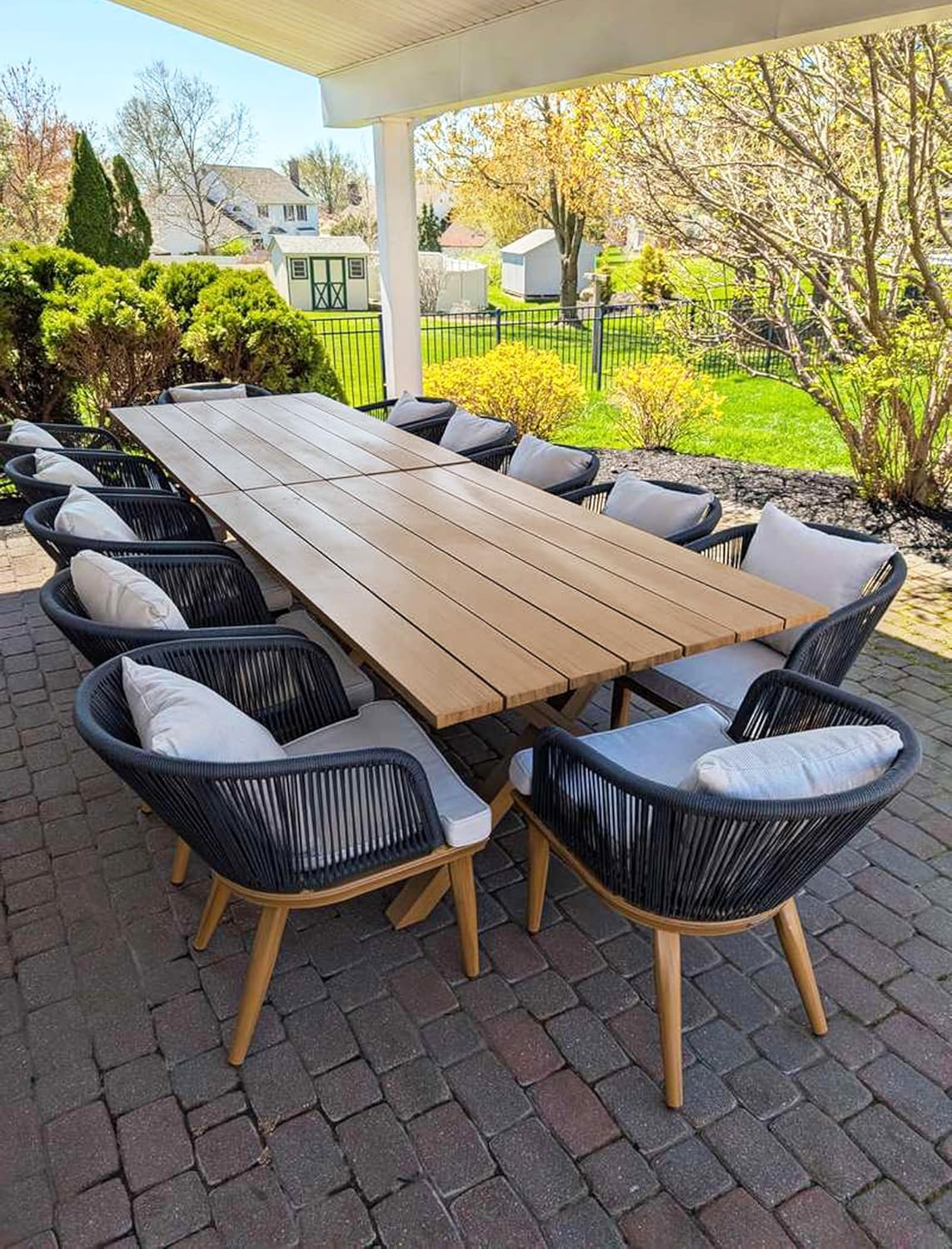 PURPLE LEAF 9 Pieces Patio Dining Set Wicker Outdoor Furniture Rectangular Table and Chairs Set for Garden Deck Teak-Finish Aluminum Frame Backyard Kitchen Set, Cushions and Pillows Included