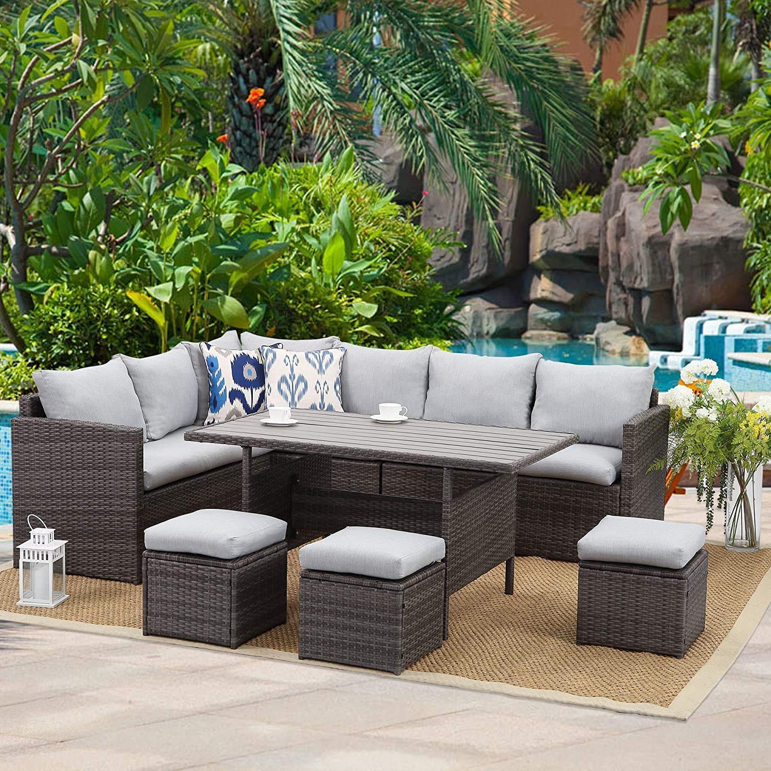 Wisteria Lane 7 Piece Patio Furniture Set, High Curved Back Wicker Patio Sectional, All Weather Outdoor Dining Set, Outdoor Furniture Patio Conversation Set with Ottoman, Blue