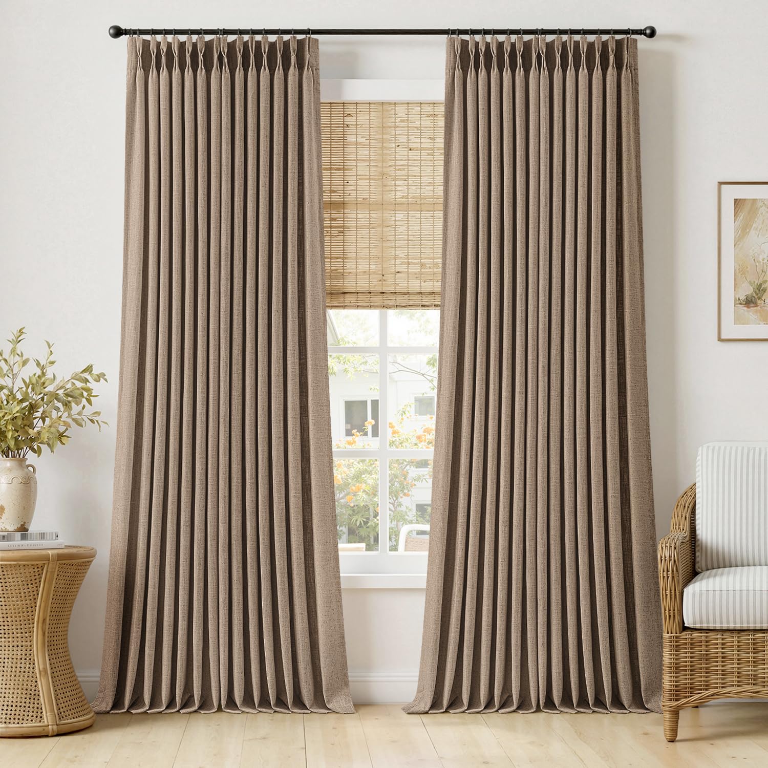 MIULEE Pinch Pleated Thick Linen Curtains 96 Inches Long 2 Panels for Living Room Bedroom, Memory Trained Pleat Drapes Light Filtering Natural Birch Semi Sheer Window Curtains Hooks Rings Back Tab