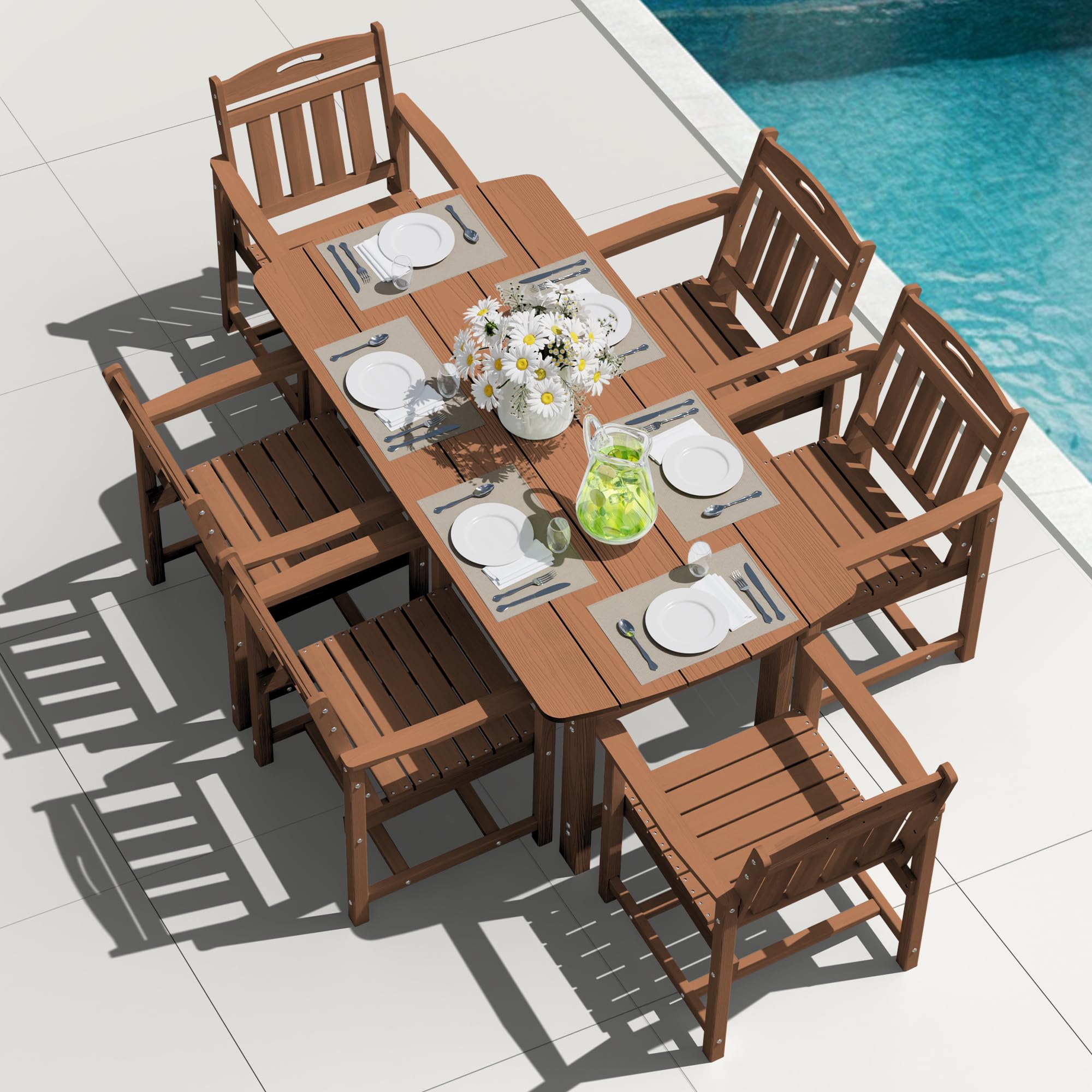 HDPE Outdoor Dining Set, Patio Table and Chairs Set, All-Weather 7-Piece Outside Table and 6 Chairs, 2" Umbrella Hole, Outdoor Furniture for Garden, Poolside, Backyard, Deck | Black