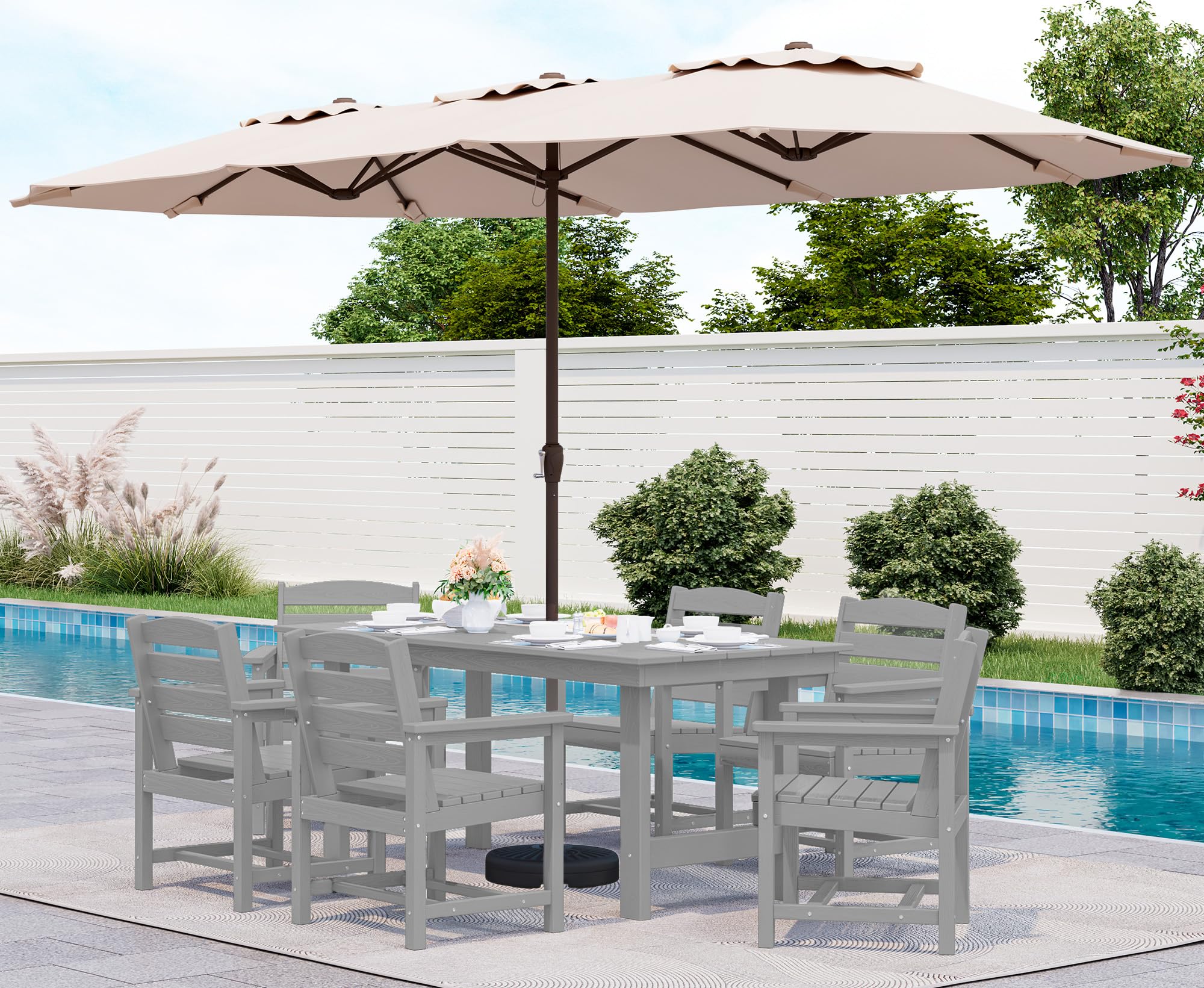 SERWALL 7-Piece Patio Dining Table Sets, Outdoor HDPE Dining Furniture Set with Umbrella Hole Cut-Out Table and 6 Chairs, Blue