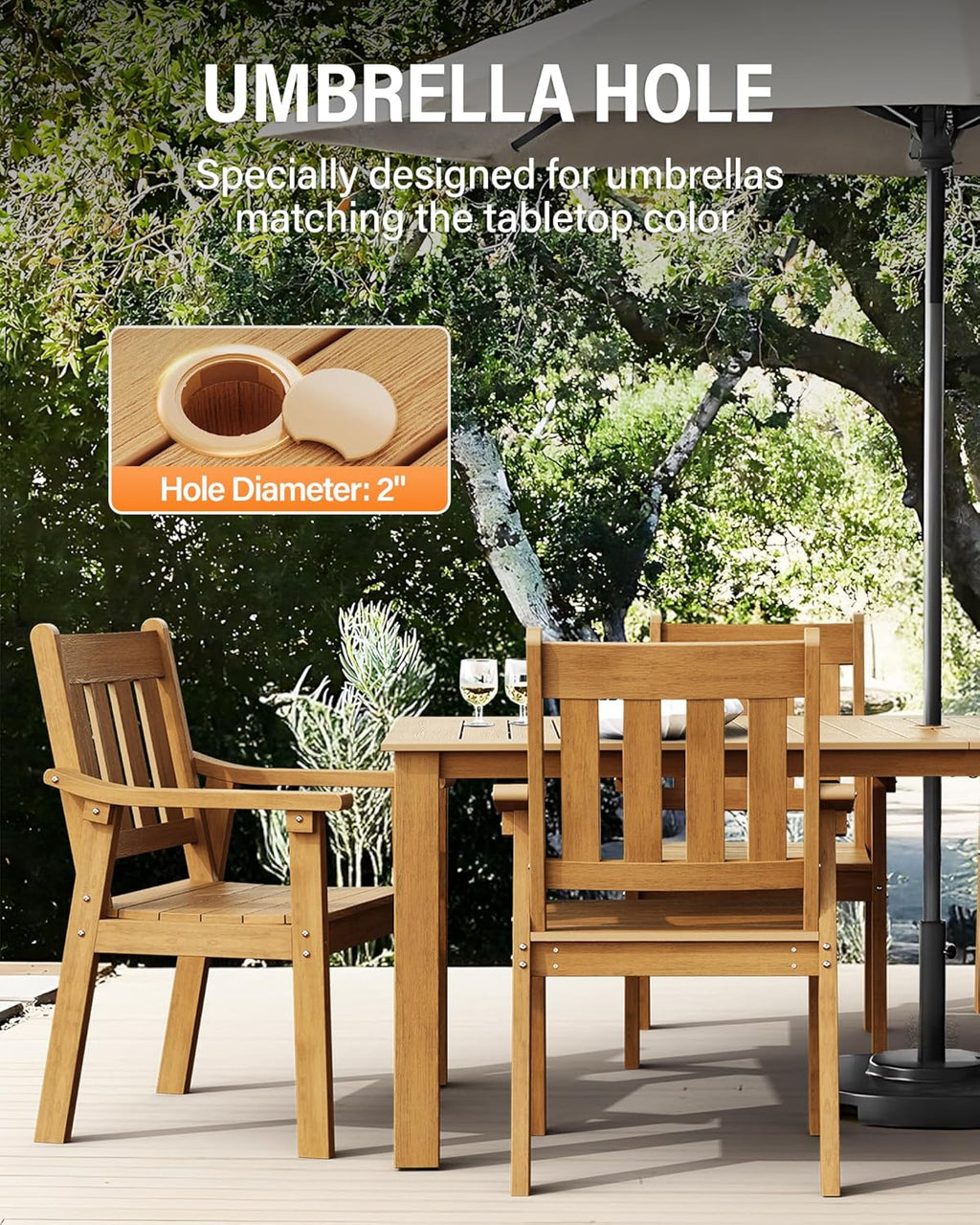 YEFU HIPS Patio Table Set: 7 Piece Outdoor Table and Chairs Dining Furniture Set with Umbrella Hole - Teak Modern Plastic Dining Sets 6 Person for Outside Deck with Metal Aluminum Frame