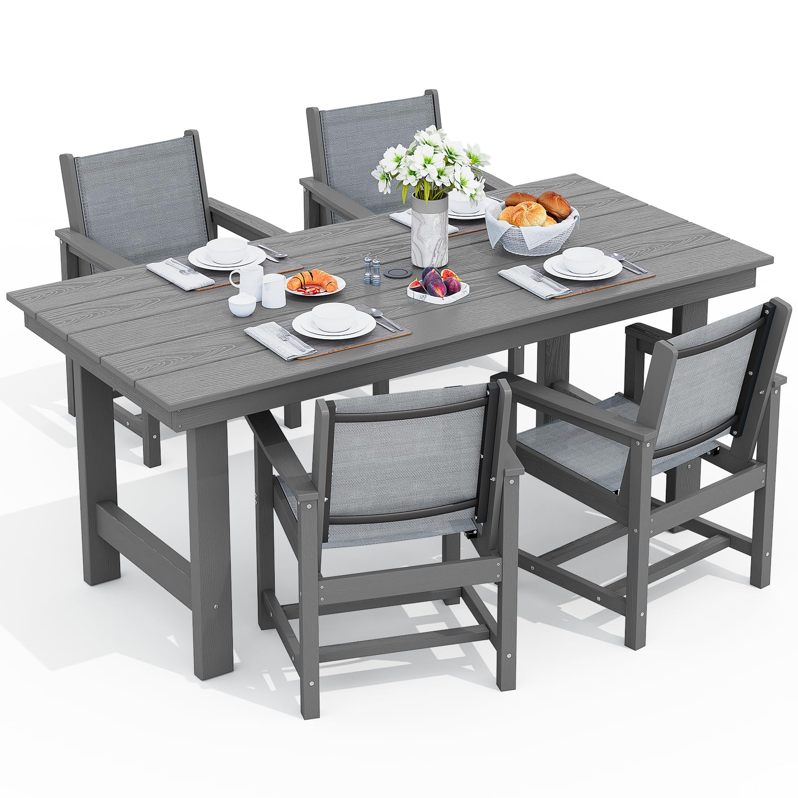 SERWALL 7-Piece Patio Dining Table Sets, Outdoor HDPE Dining Furniture Set with Umbrella Hole Cut-Out Table and 6 Chairs, Blue