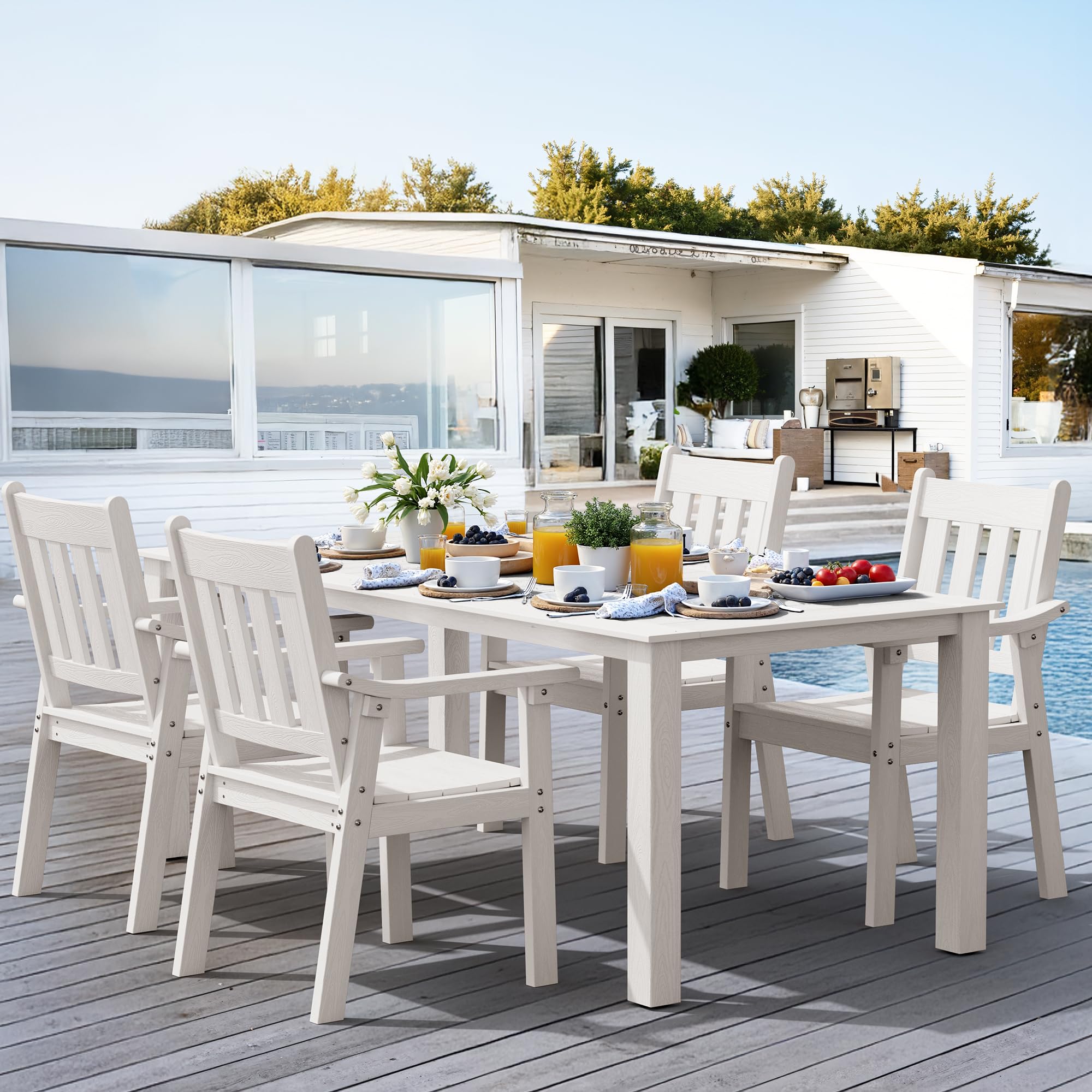 YEFU HIPS Patio Table Set: 7 Piece Outdoor Table and Chairs Dining Furniture Set with Umbrella Hole - Teak Modern Plastic Dining Sets 6 Person for Outside Deck with Metal Aluminum Frame