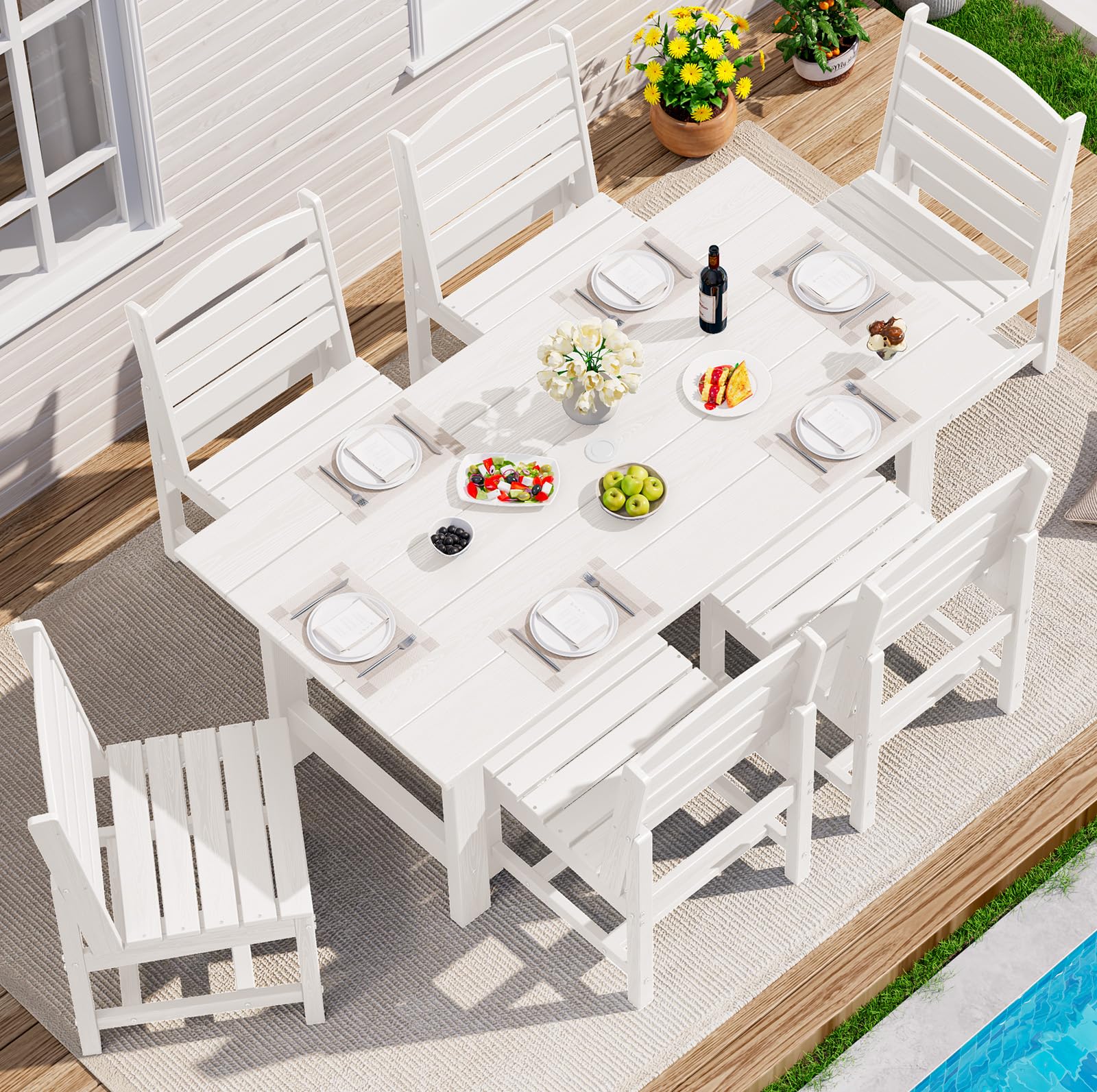 SERWALL Patio Dining Sets for 6 Person, HDPE Dining Set with 6 Armless Chairs, Black