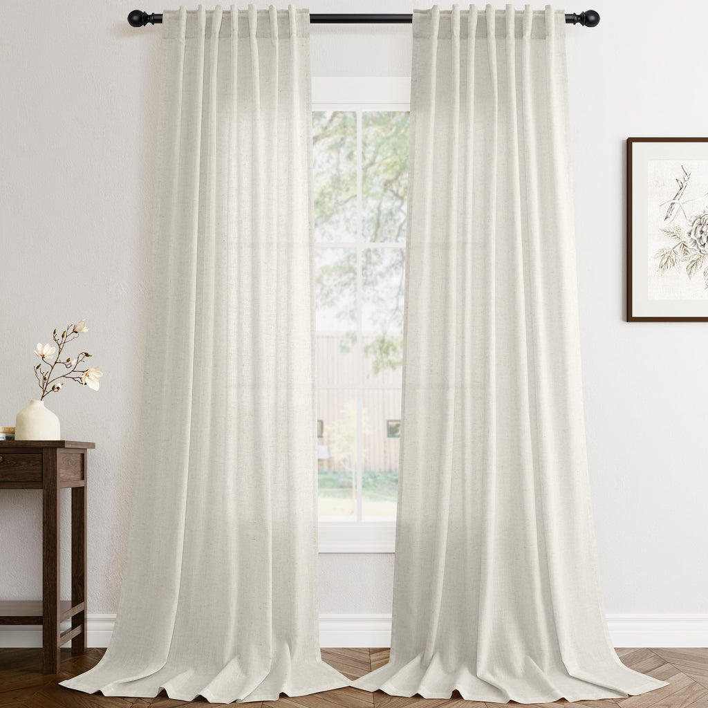 Flax Linen Beige Curtains 96 inches Long 2 Panel for Living Room Back Tab Pocket Drapes Semi Sheer Privacy Khaki Window Curtain Country Rustic Farmhouse Cloth Curtain for Dinning Room Tan