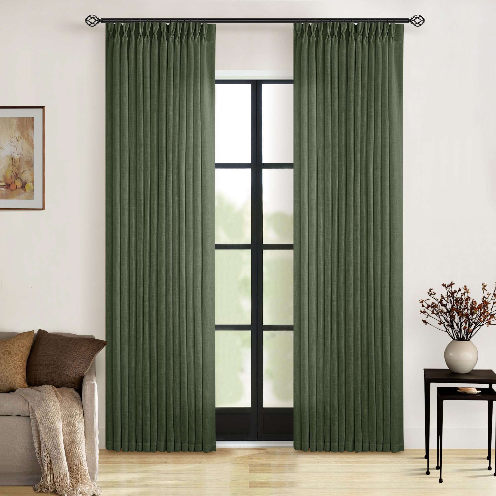 Pinch Pleated Linen Curtains 108 Inches Long for Living Room 2 Panels Set Cream Ivory Flax Double Pleated Drapes Back Tab Neutral Boho Ceiling Floor 108 Inch Window Curtains Bedroom Natural Birch