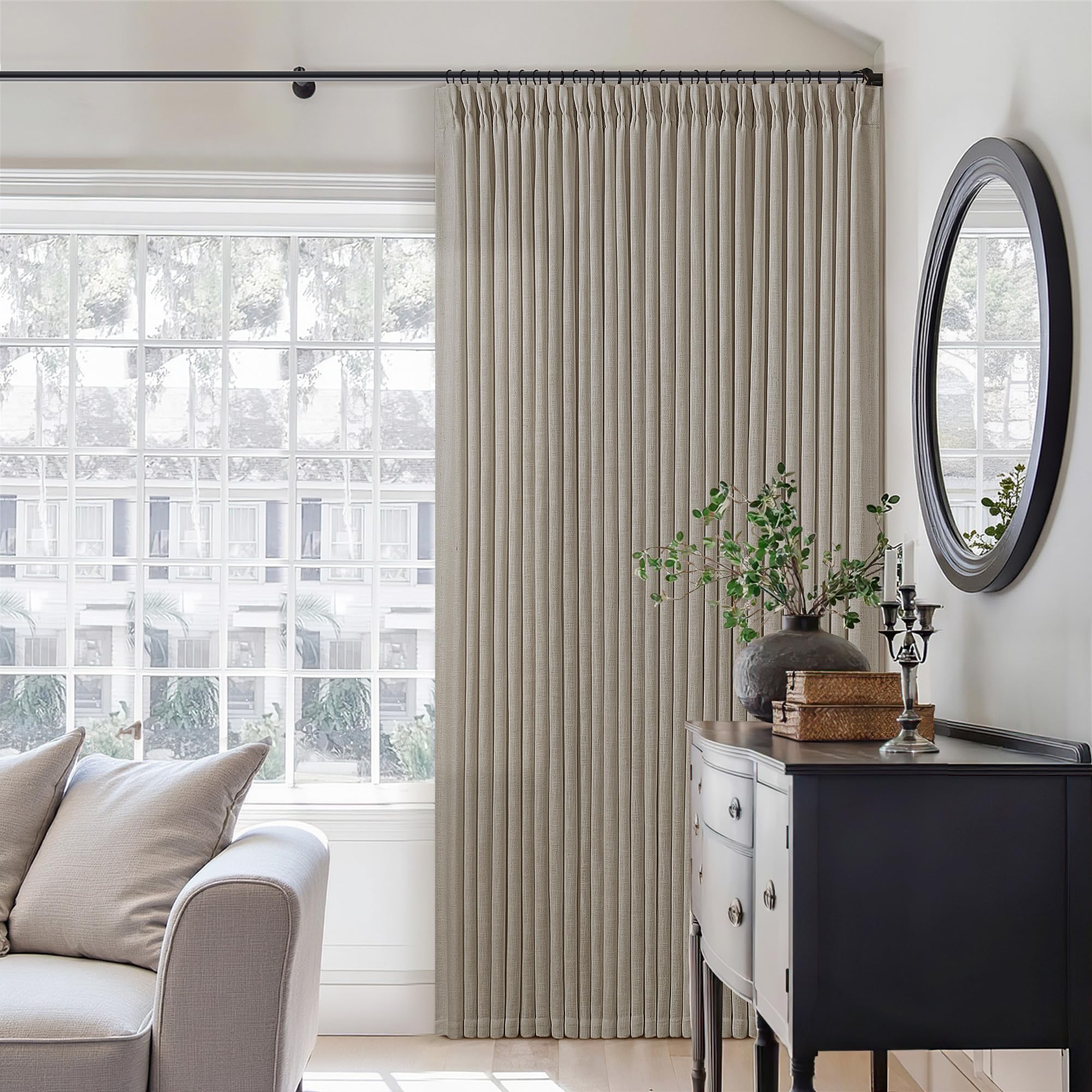Pinch Pleated Linen Curtains 108 Inches Long for Living Room 2 Panels Set Cream Ivory Flax Double Pleated Drapes Back Tab Neutral Boho Ceiling Floor 108 Inch Window Curtains Bedroom Natural Birch