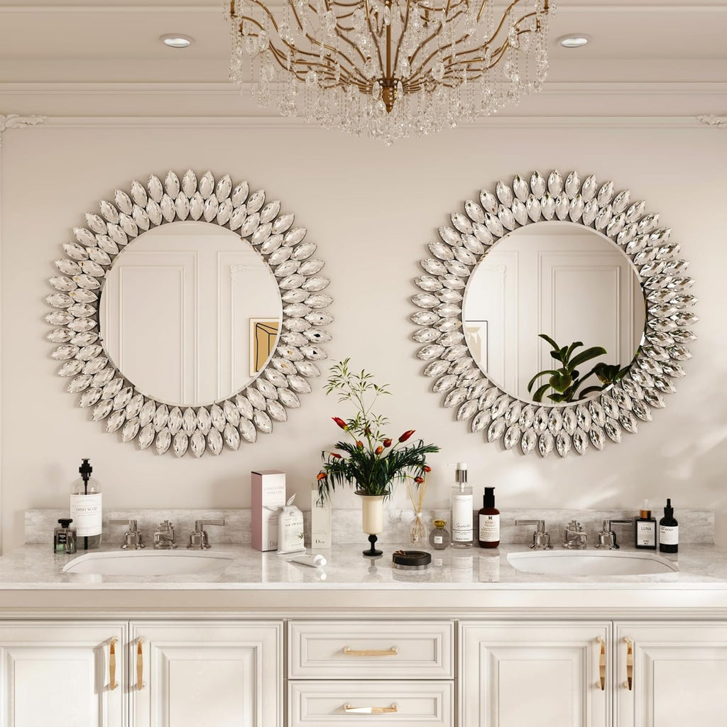 Kelly Miller Round Jeweled Mirror for Wall Decor, 26 in Modern Decorative Wall Mirror with Luxury Diamonds Beveled Vanity Mirror for Bedroom Dresser, Living Room Table, Bathroom, Hallway, Entryway