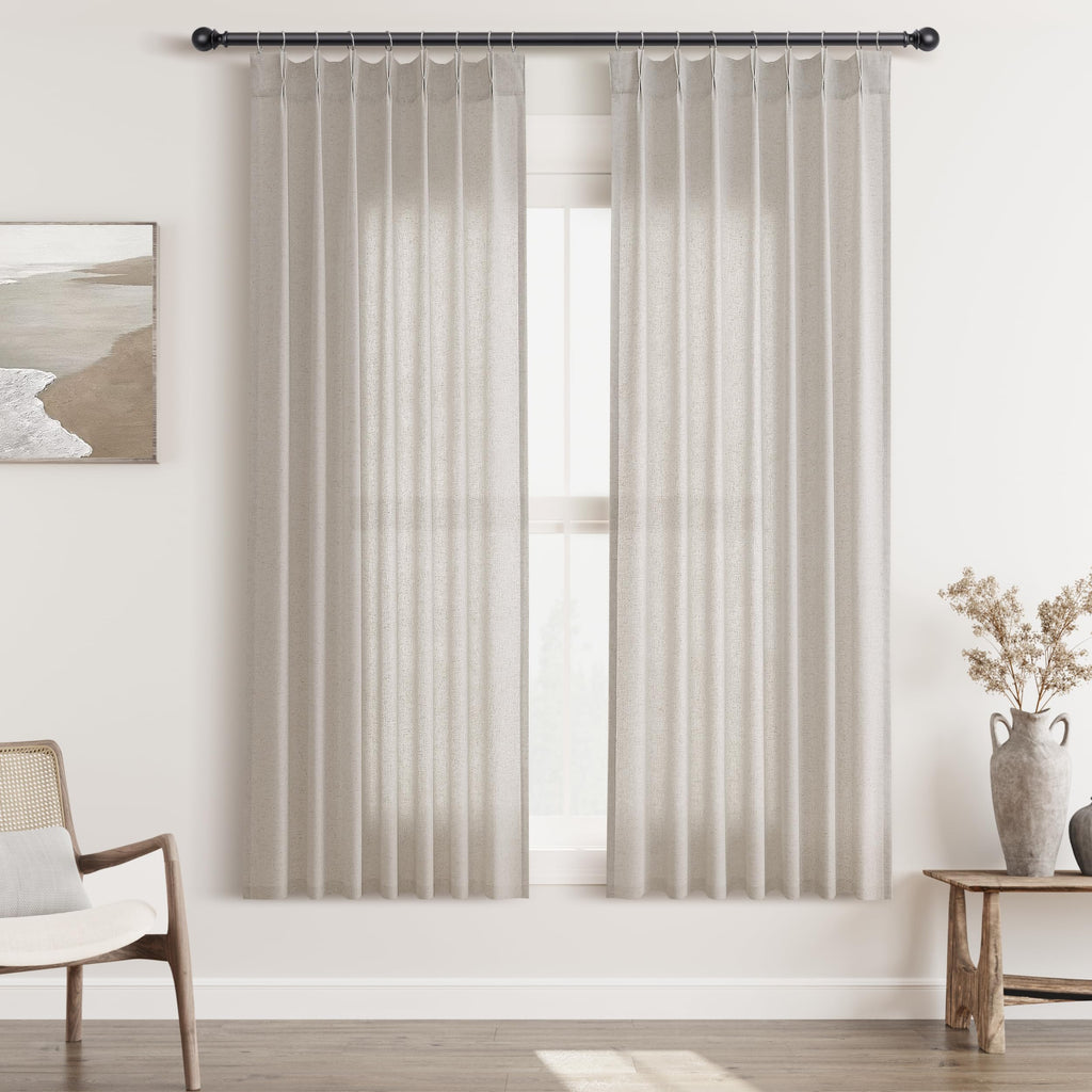 Extra Long Linen Curtains 108 Inch for Living Room Cream Pinch Pleated 9 FT Drapes Semi Sheer Ceiling to Floor Curtain for Bedroom Back Tab Flax Neutral Boho Decor Window, Natural Beige Ivory 2 Panels