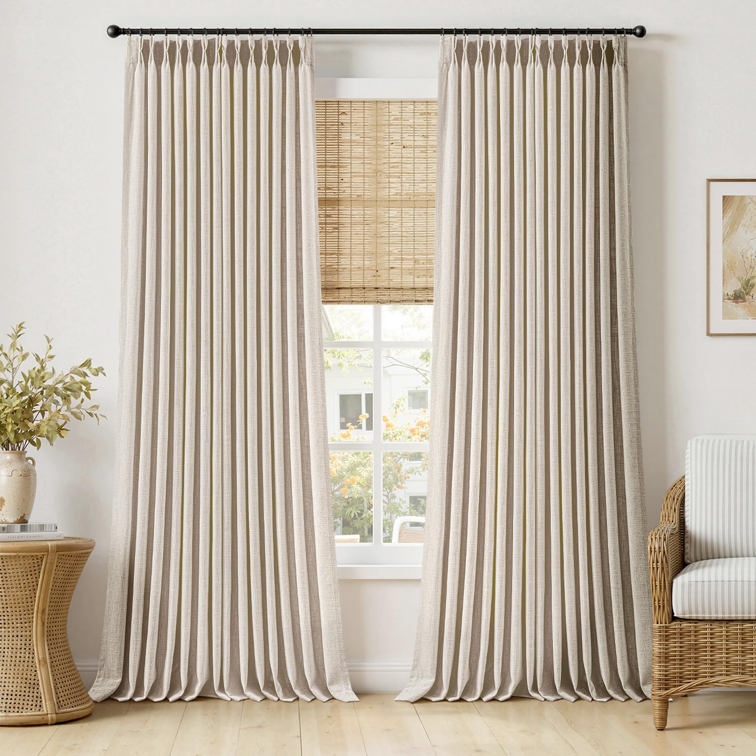 MIULEE Pinch Pleated Thick Linen Curtains 90 Inches Long 2 Panels for Living Room Bedroom, Memory Trained Pinch Pleat Drapes Back Tab Light Filtering Natural Ivory Cream Window Curtains with Hooks
