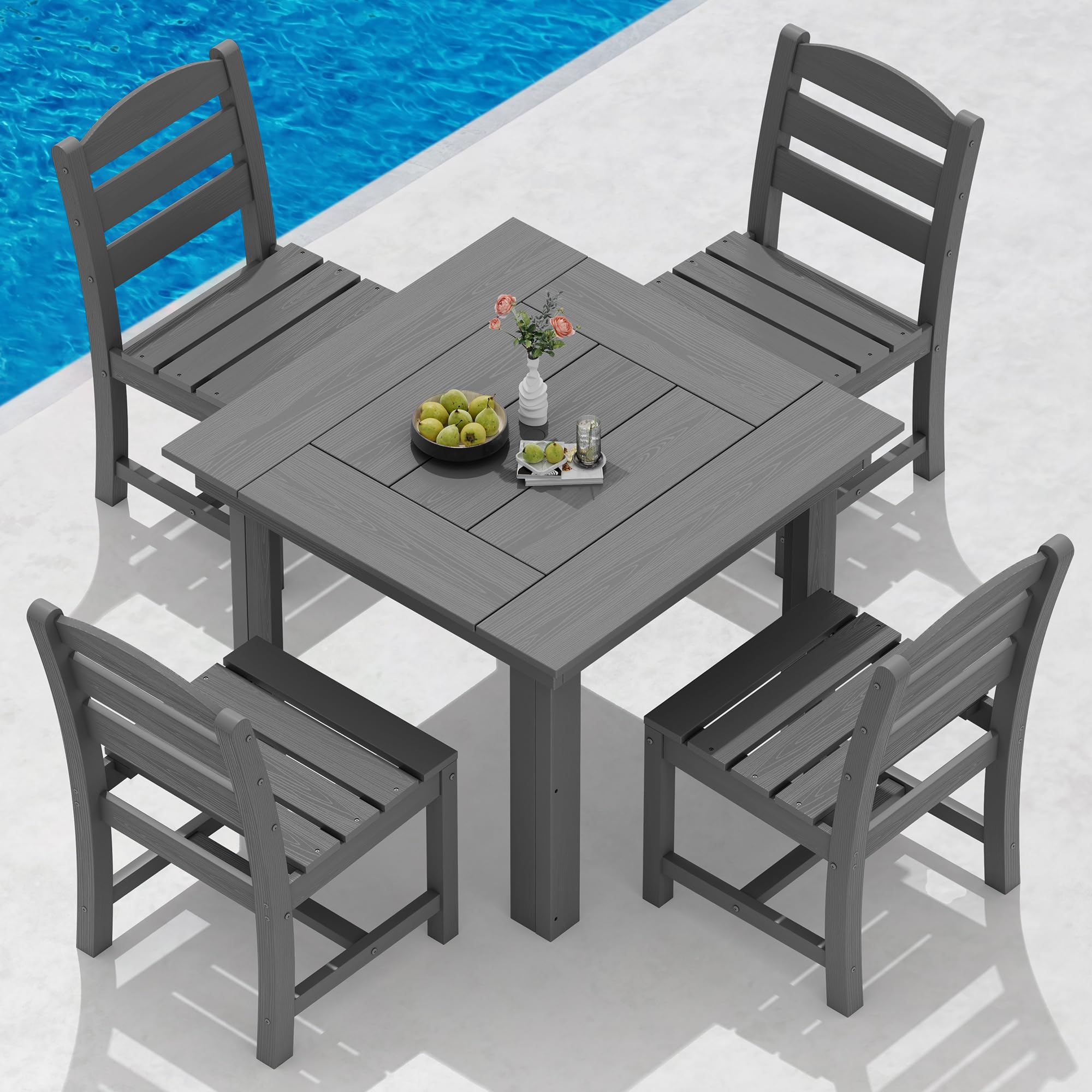SERWALL Outdoor Dining Set for 4, HDPE Square Table and Chairs Set All Weather Patio Dining Set with 4 Classic Dining Chairs, 5-Piece Patio Dining Furniture for Deck, Brown
