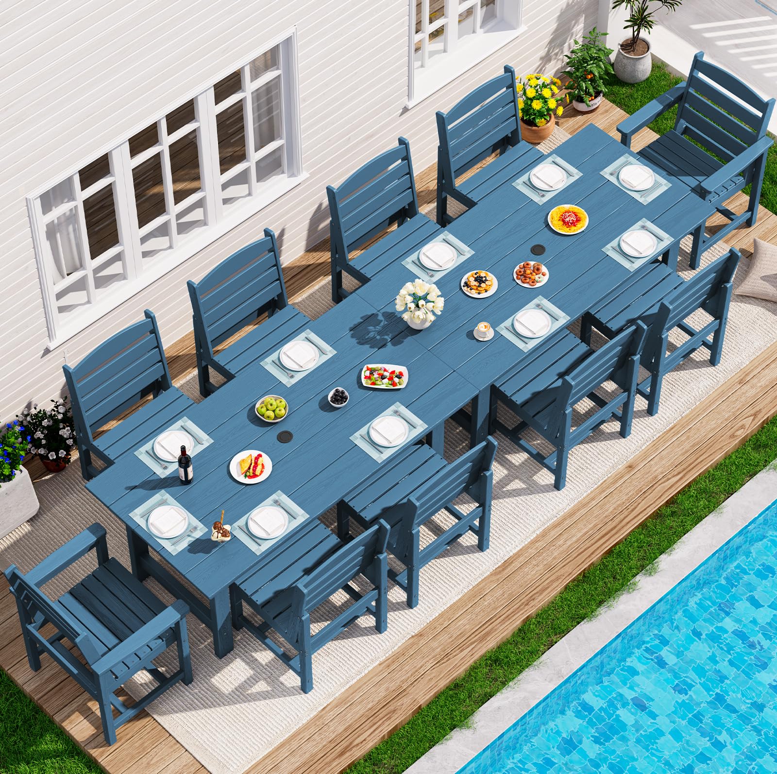 SERWALL Patio Dining Sets for 6 Person, HDPE Dining Set with 6 Armless Chairs, Black