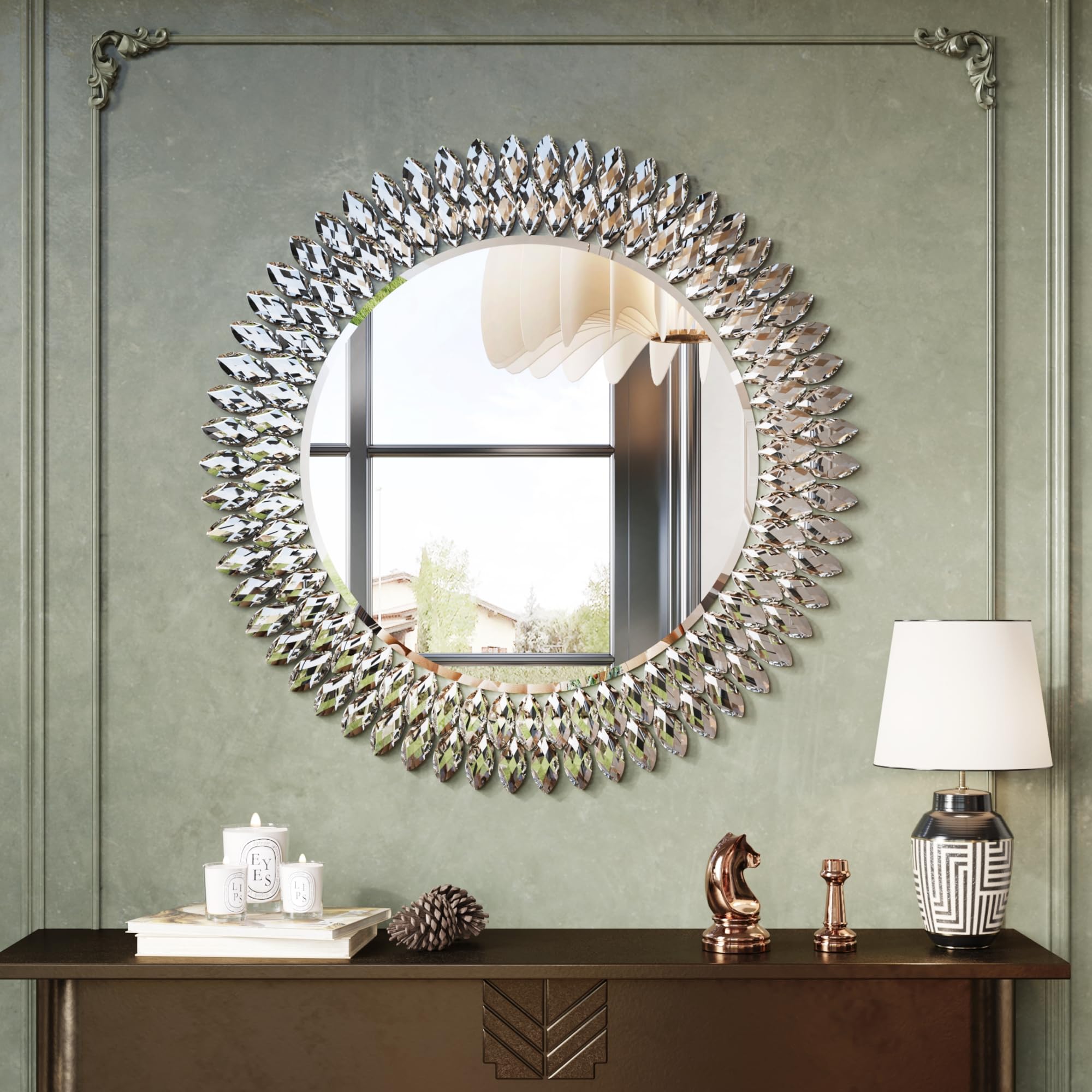 Kelly Miller Round Jeweled Mirror for Wall Decor, 26 in Modern Decorative Wall Mirror with Luxury Diamonds Beveled Vanity Mirror for Bedroom Dresser, Living Room Table, Bathroom, Hallway, Entryway