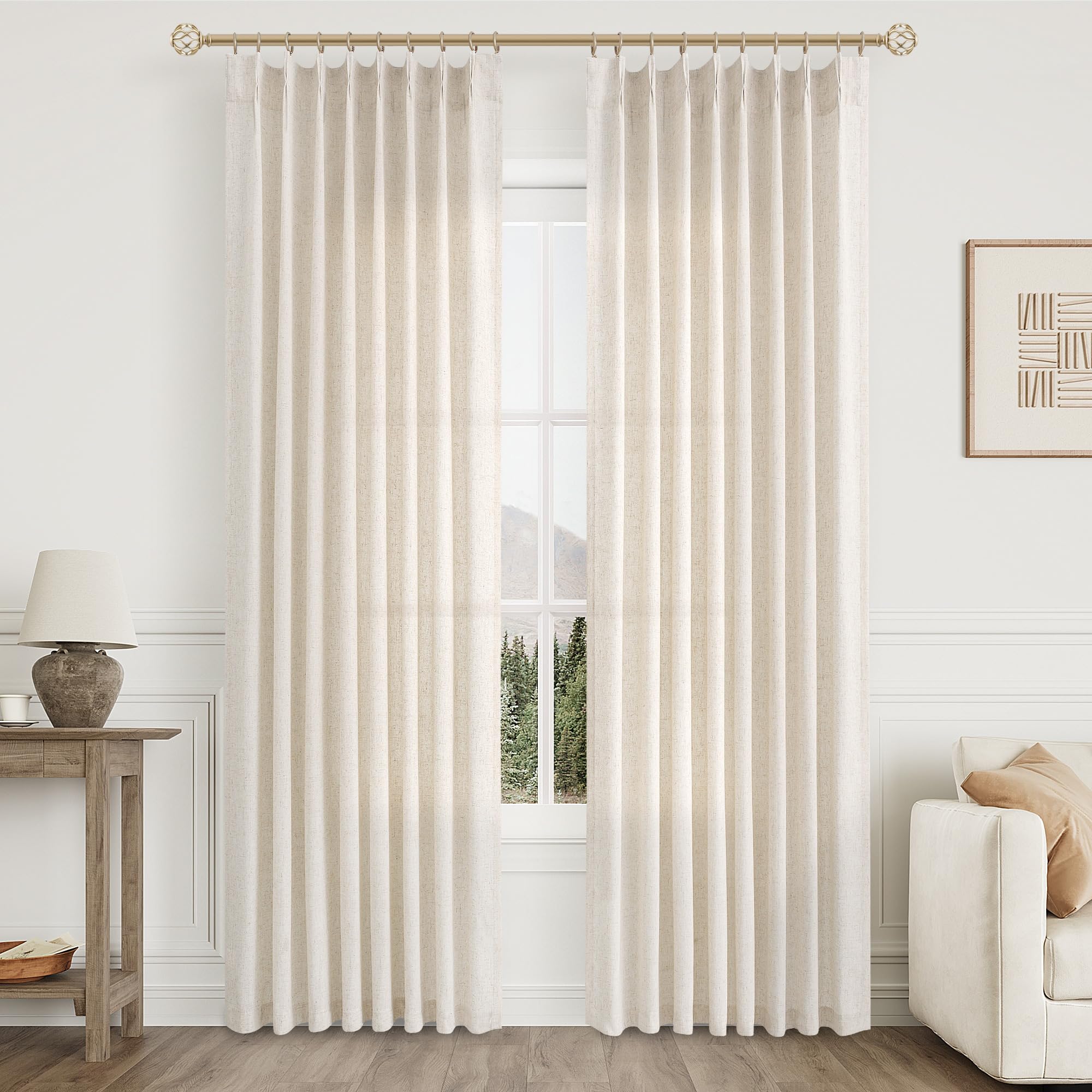 Extra Long Linen Curtains 108 Inch for Living Room Cream Pinch Pleated 9 FT Drapes Semi Sheer Ceiling to Floor Curtain for Bedroom Back Tab Flax Neutral Boho Decor Window, Natural Beige Ivory 2 Panels