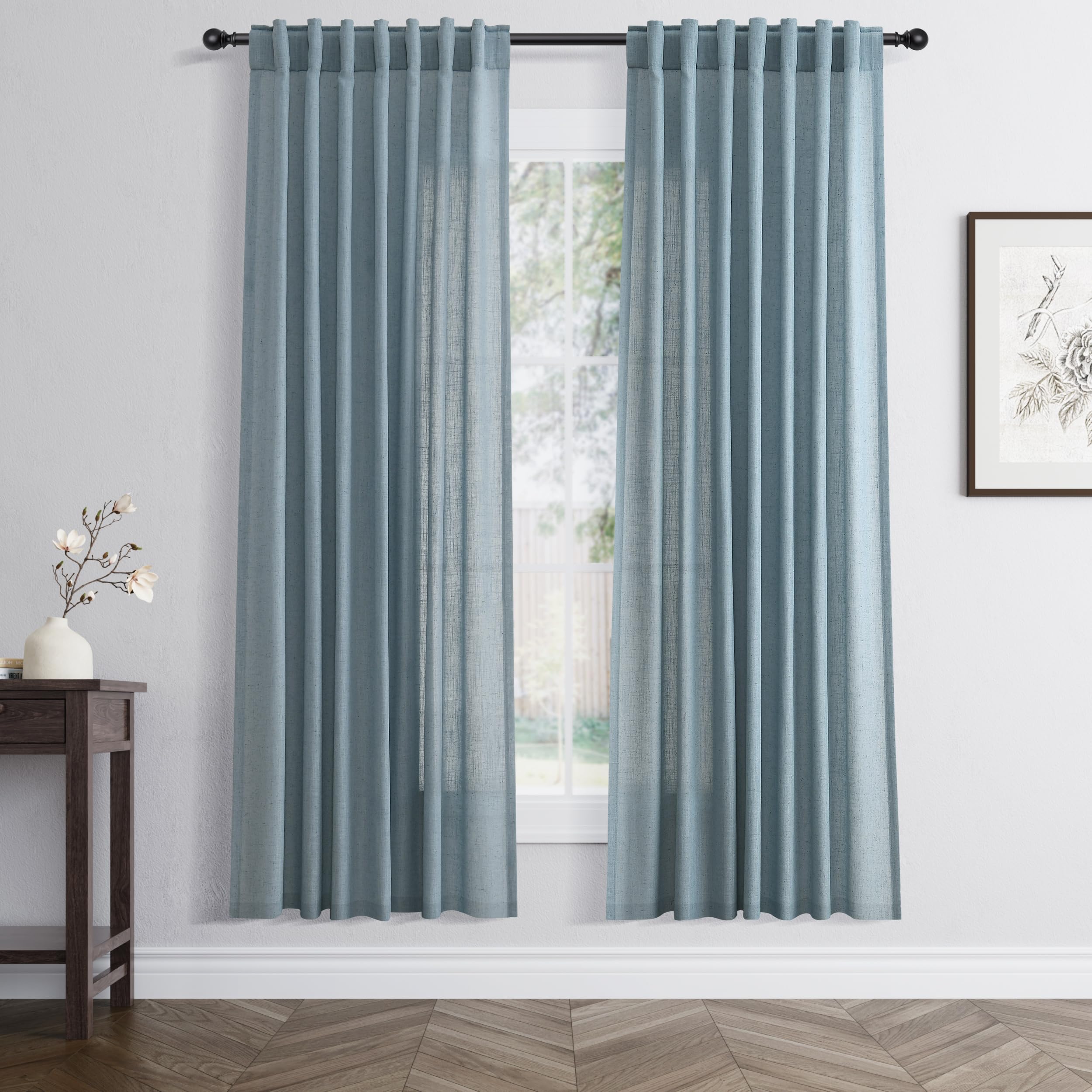 Flax Linen Beige Curtains 96 inches Long 2 Panel for Living Room Back Tab Pocket Drapes Semi Sheer Privacy Khaki Window Curtain Country Rustic Farmhouse Cloth Curtain for Dinning Room Tan