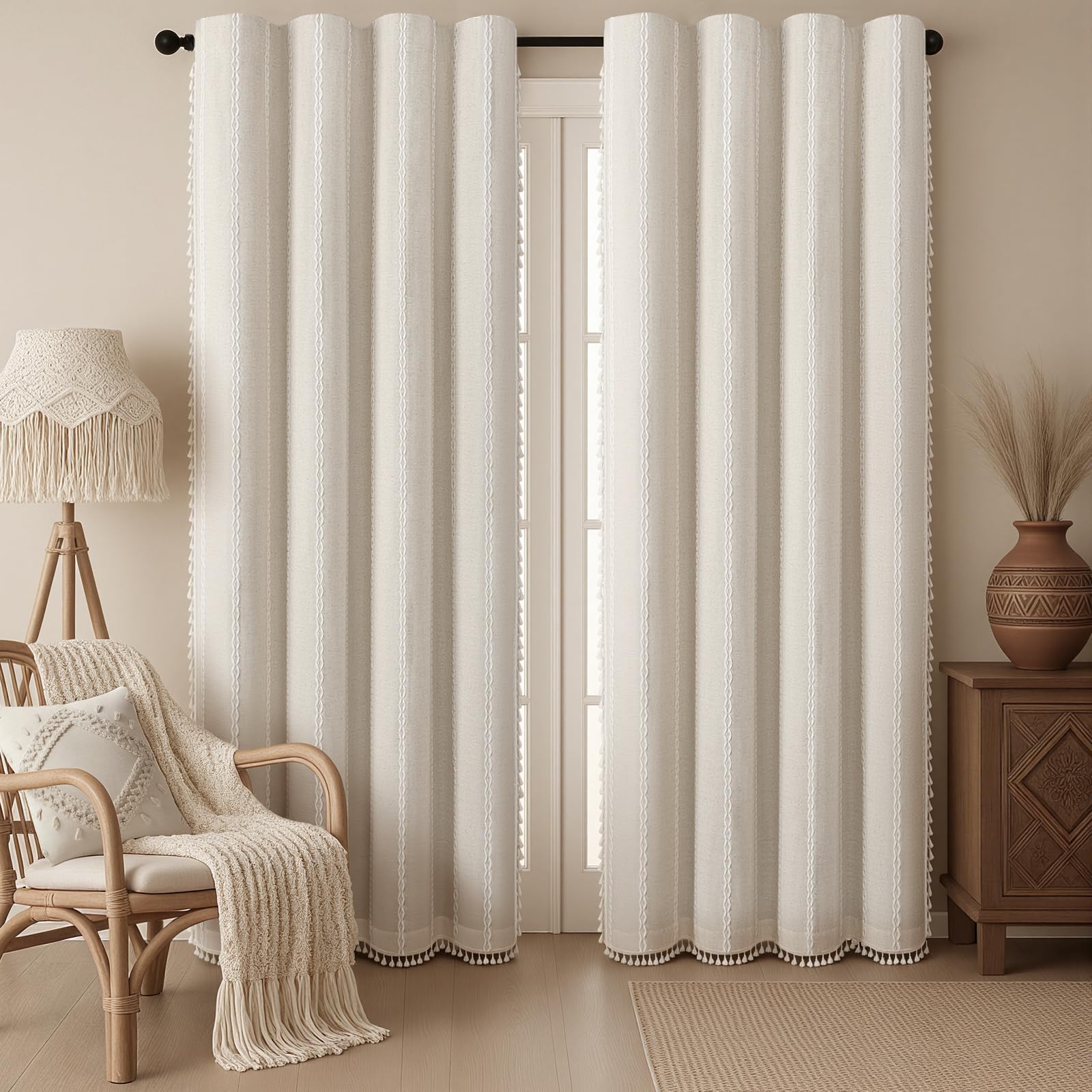 Boho Blackout Curtains 2 Panels 84 Inch for Living Room Bedroom, Beige Linen Texture Farmhouse Curtains with Tassels and Cotton Embroidery Vintage Rustic Western Rod Pocket