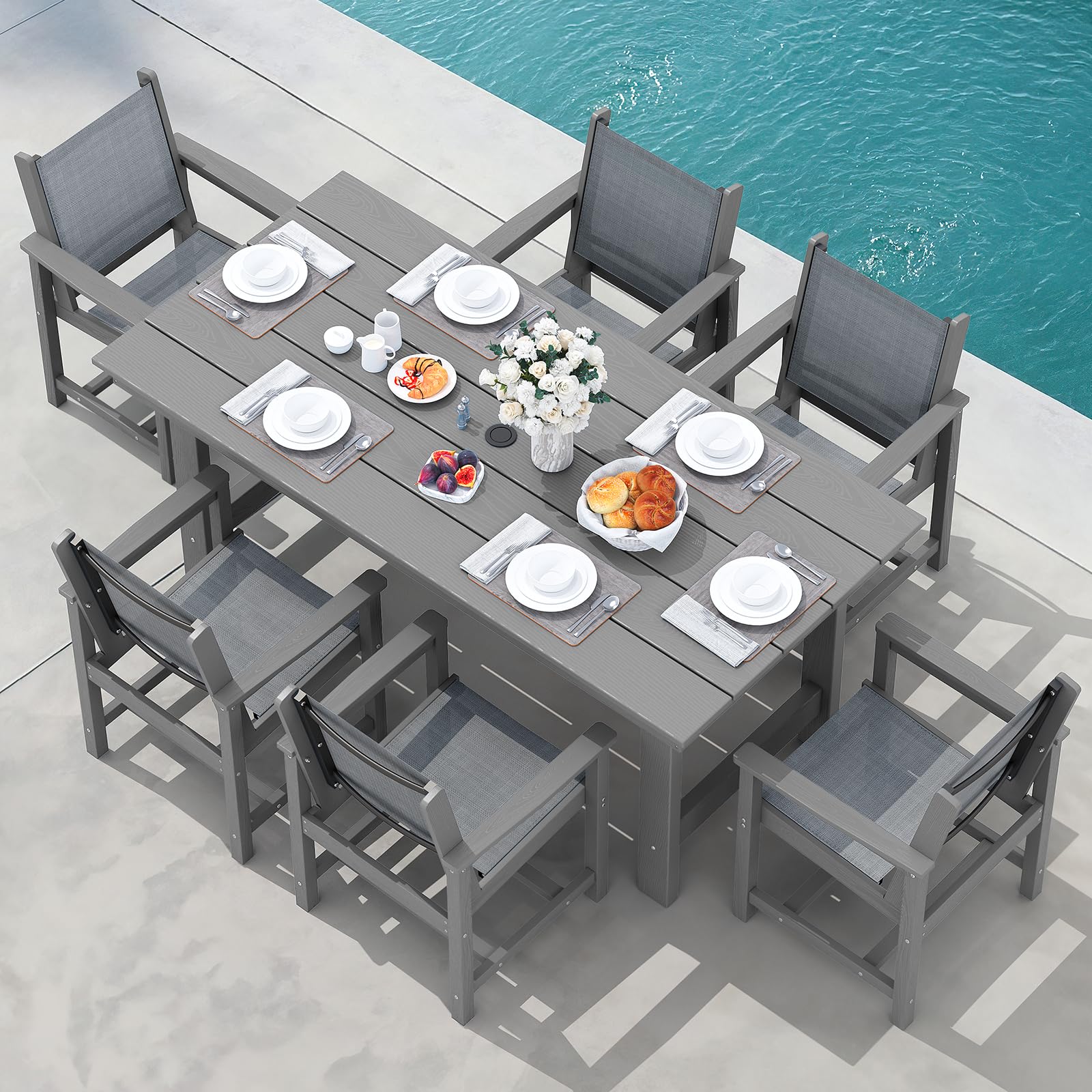 SERWALL Patio Dining Sets for 6 Person, HDPE Dining Set with 6 Armless Chairs, Black