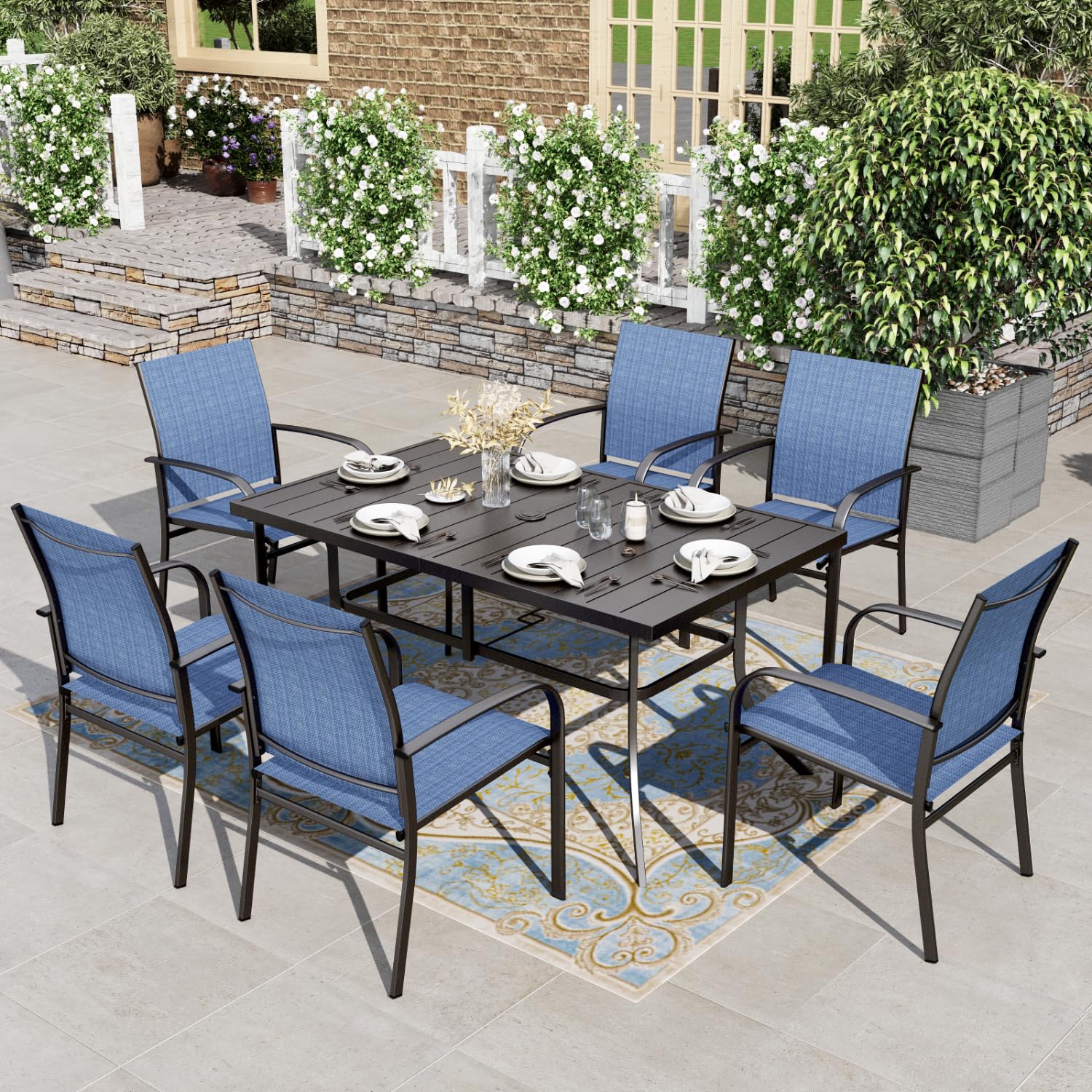 HERA'S HOUSE Patio Table and Chairs for 6, 7 Pieces Outdoor Deck Dining Sets, Wood-Like Rectangular Metal Table Set with Chairs for Lawn Garden Backyard, Brown