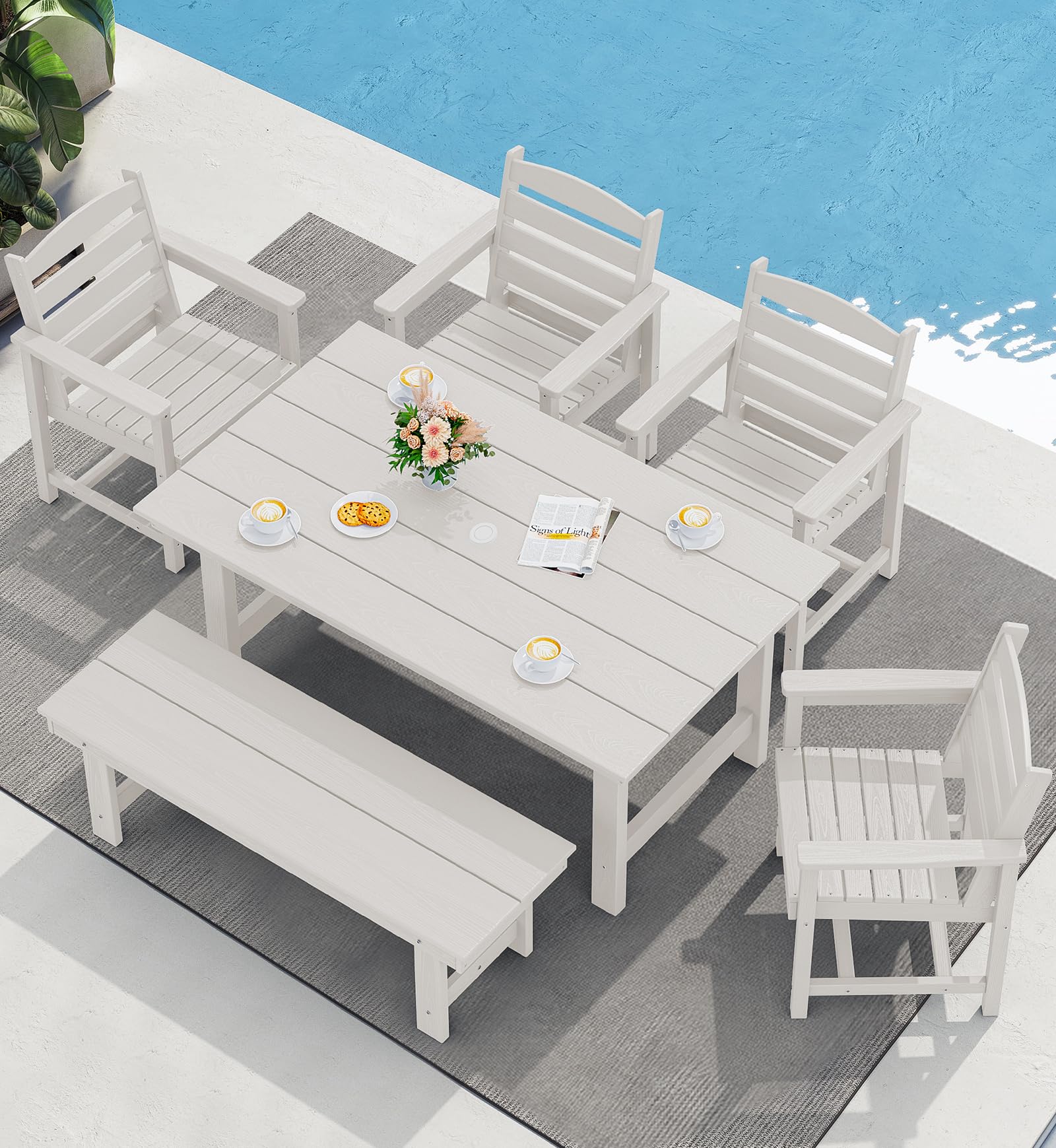 SERWALL Patio Dining Sets for 6 Person, HDPE Dining Set with 6 Armless Chairs, Black